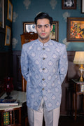 Serene Blue - Printed  Silk Bandhgala
