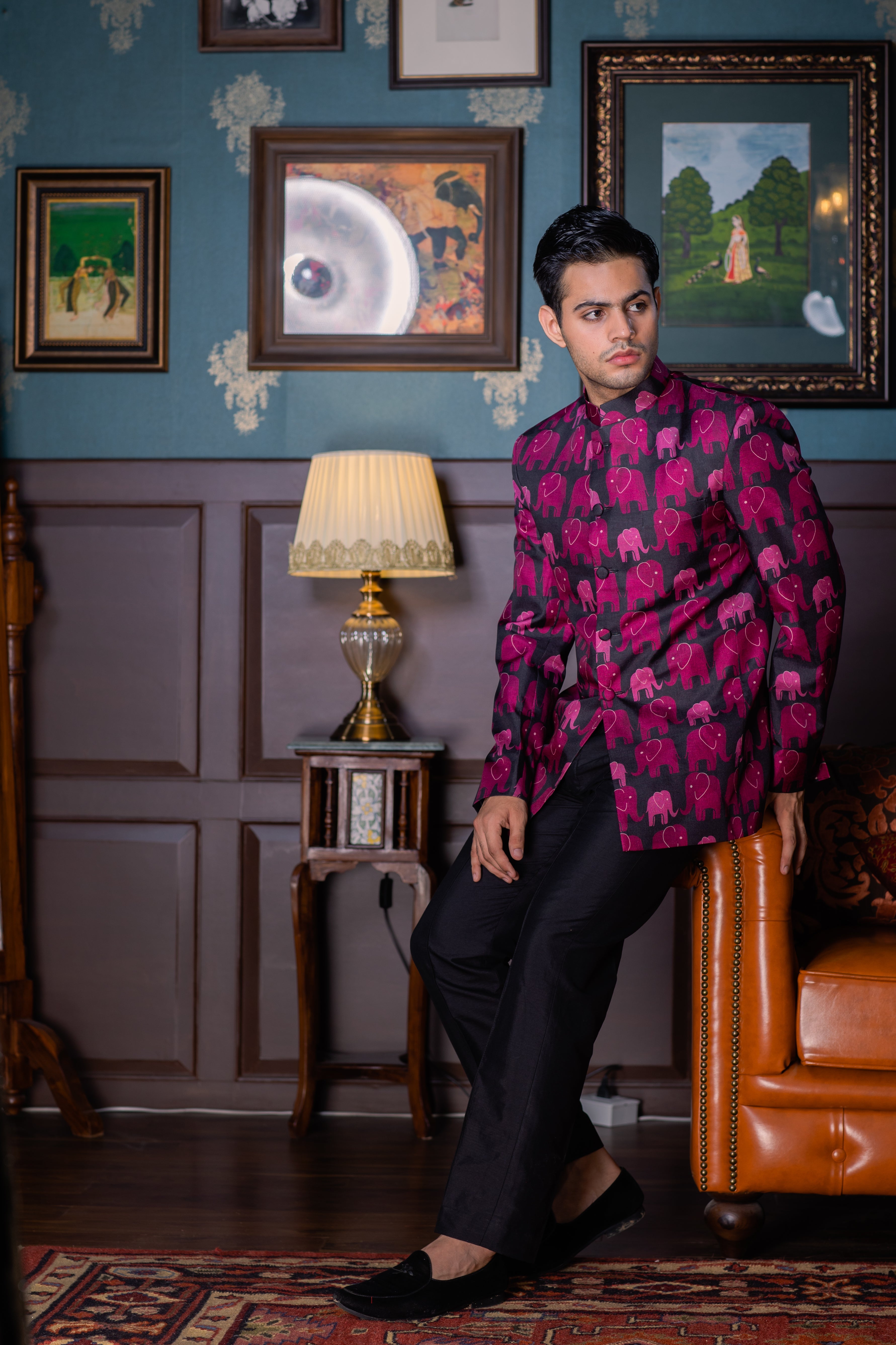 Elephant Crossing -Printed Silk Bandhgala