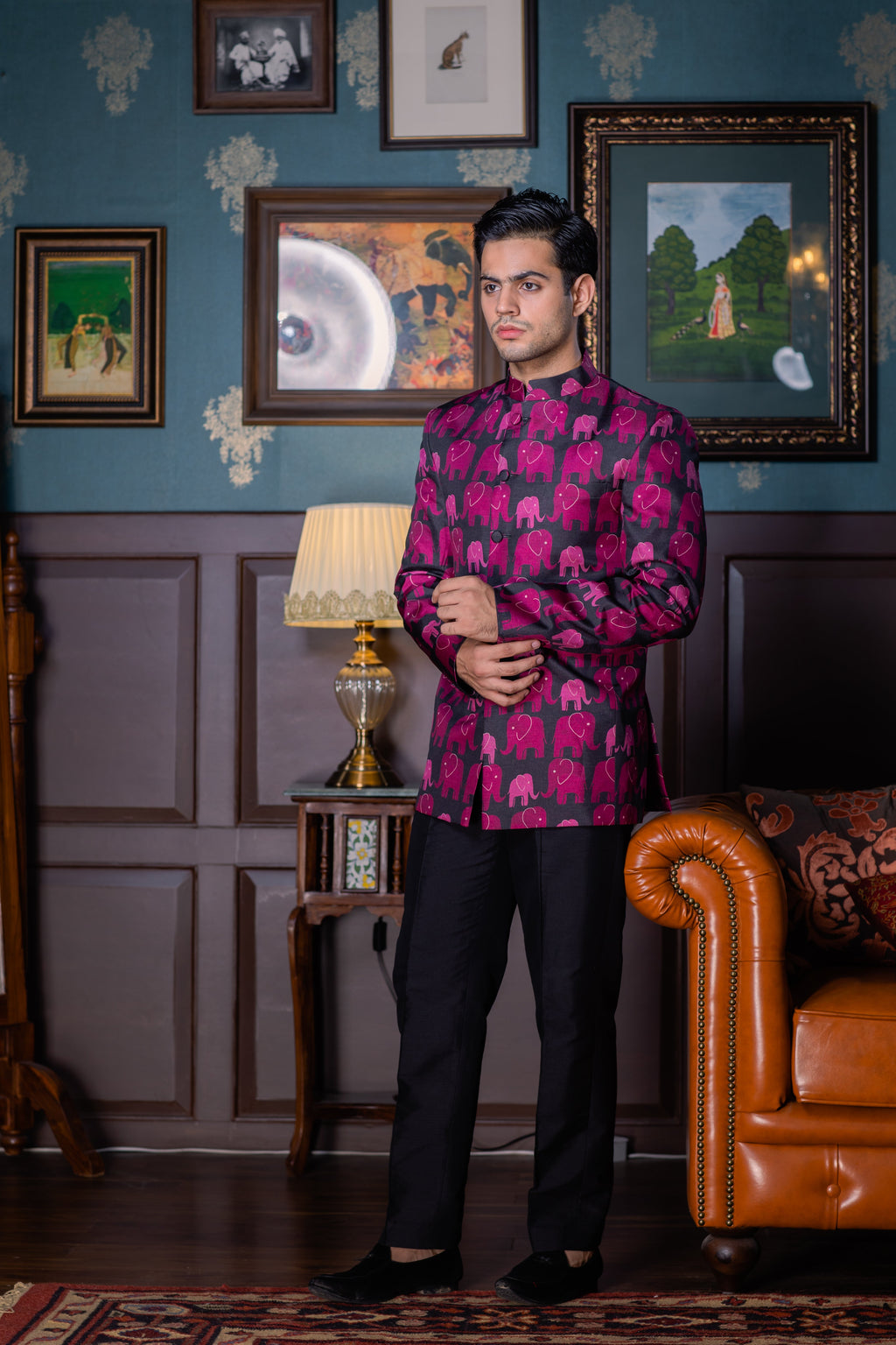 Elephant Crossing -Printed Silk Bandhgala