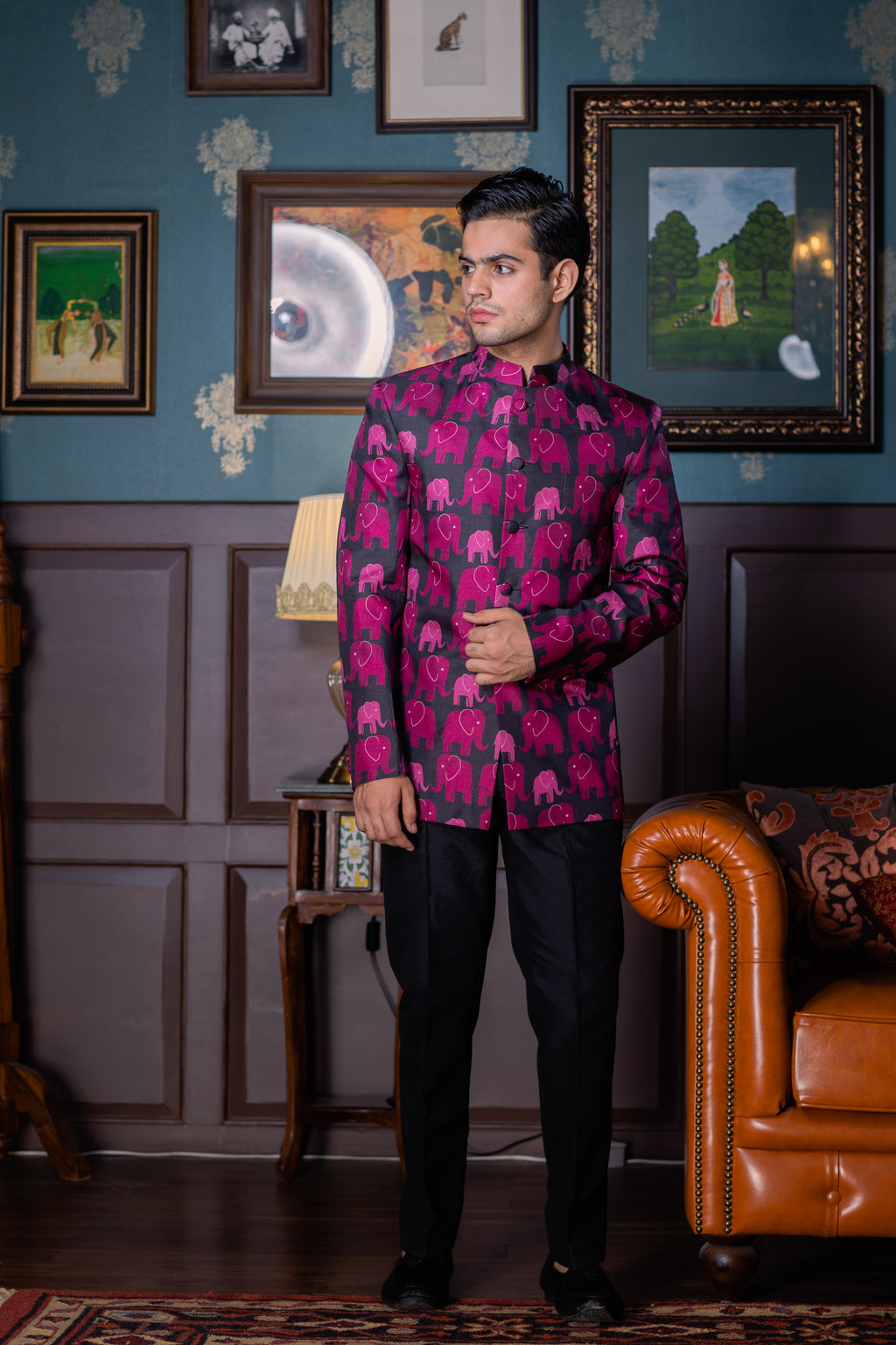 Elephant Crossing -Printed Silk Bandhgala