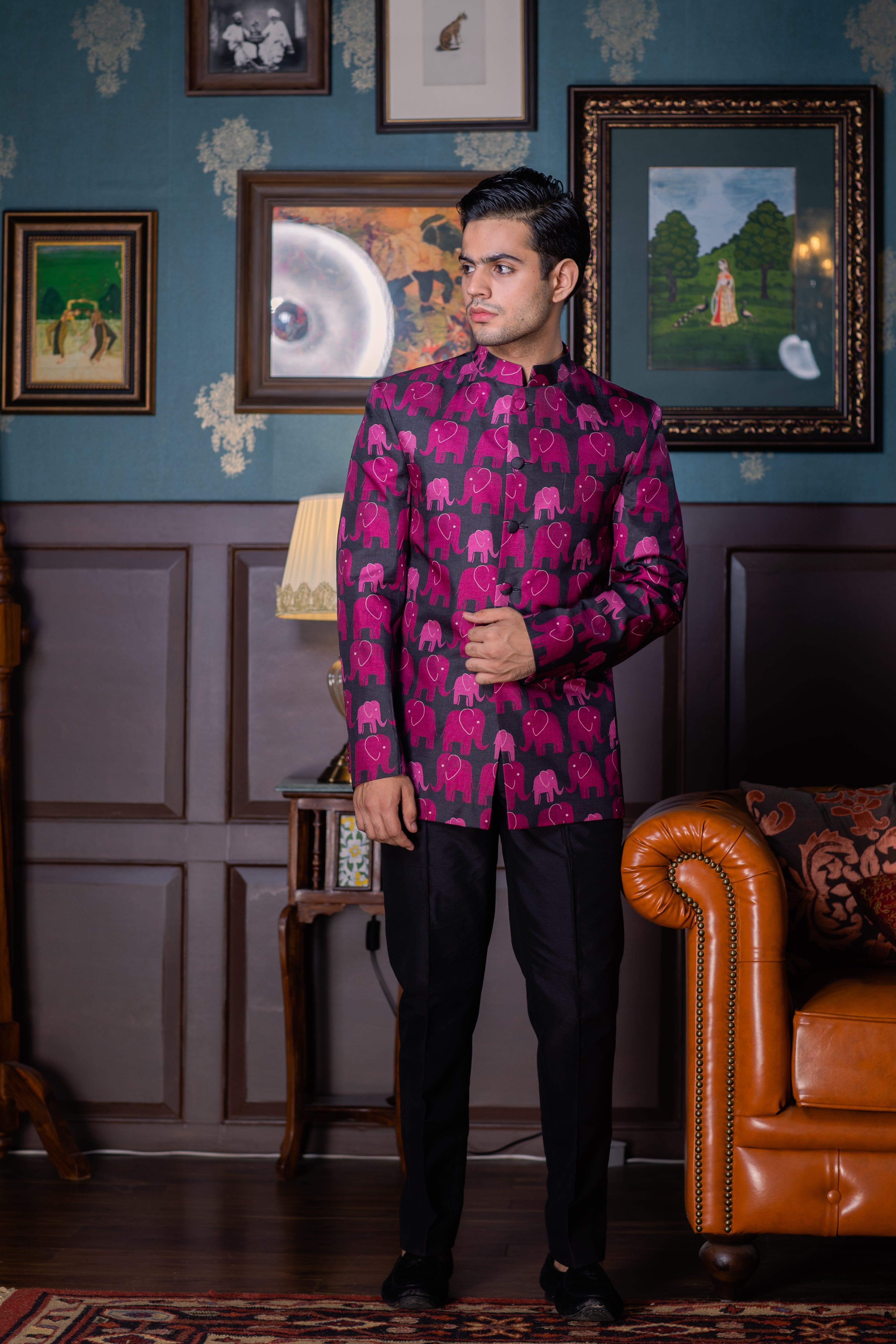 Elephant Crossing -Printed Silk Bandhgala