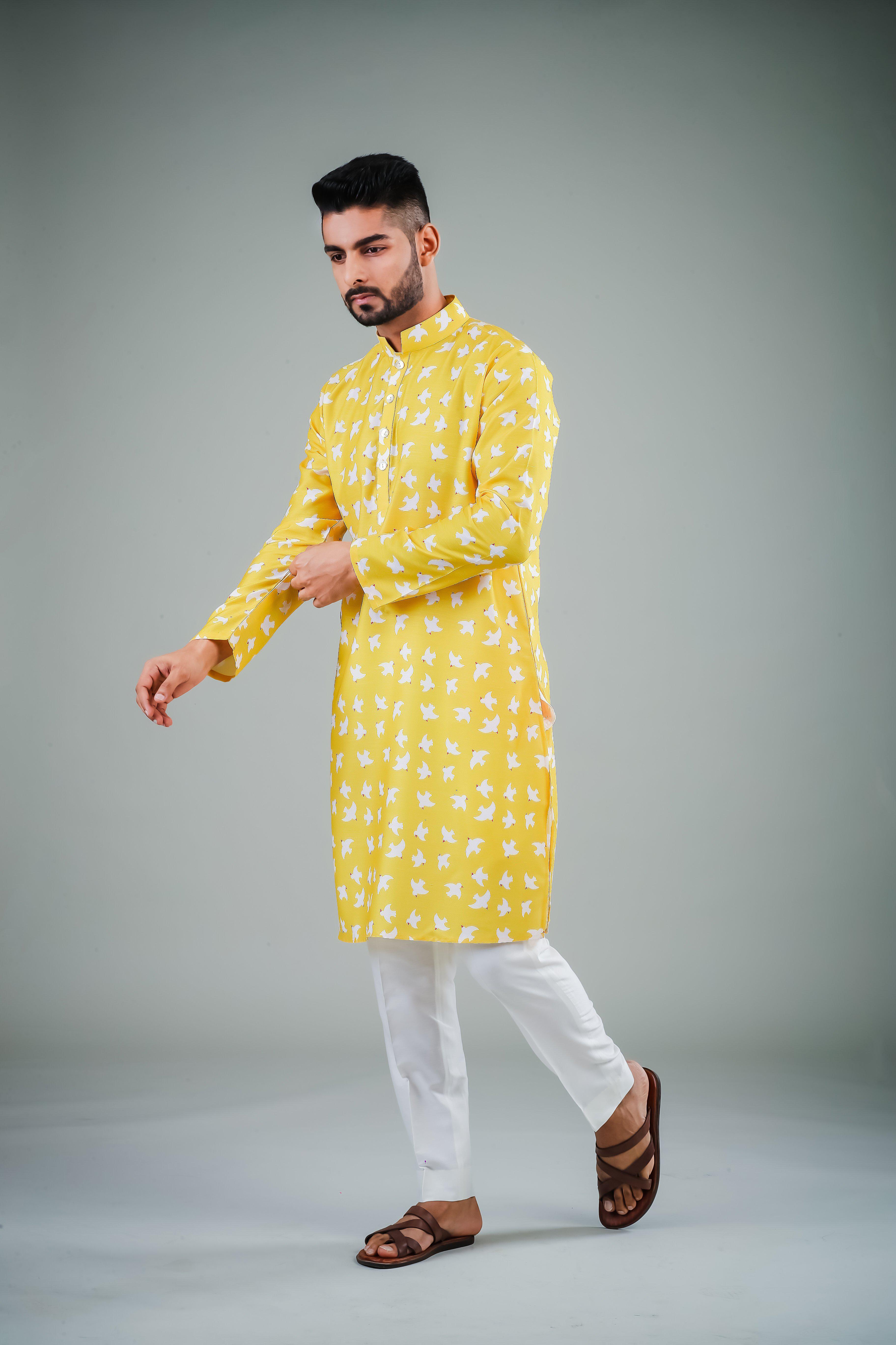 Chirpy Yellow Birds -  Silk Kurta
