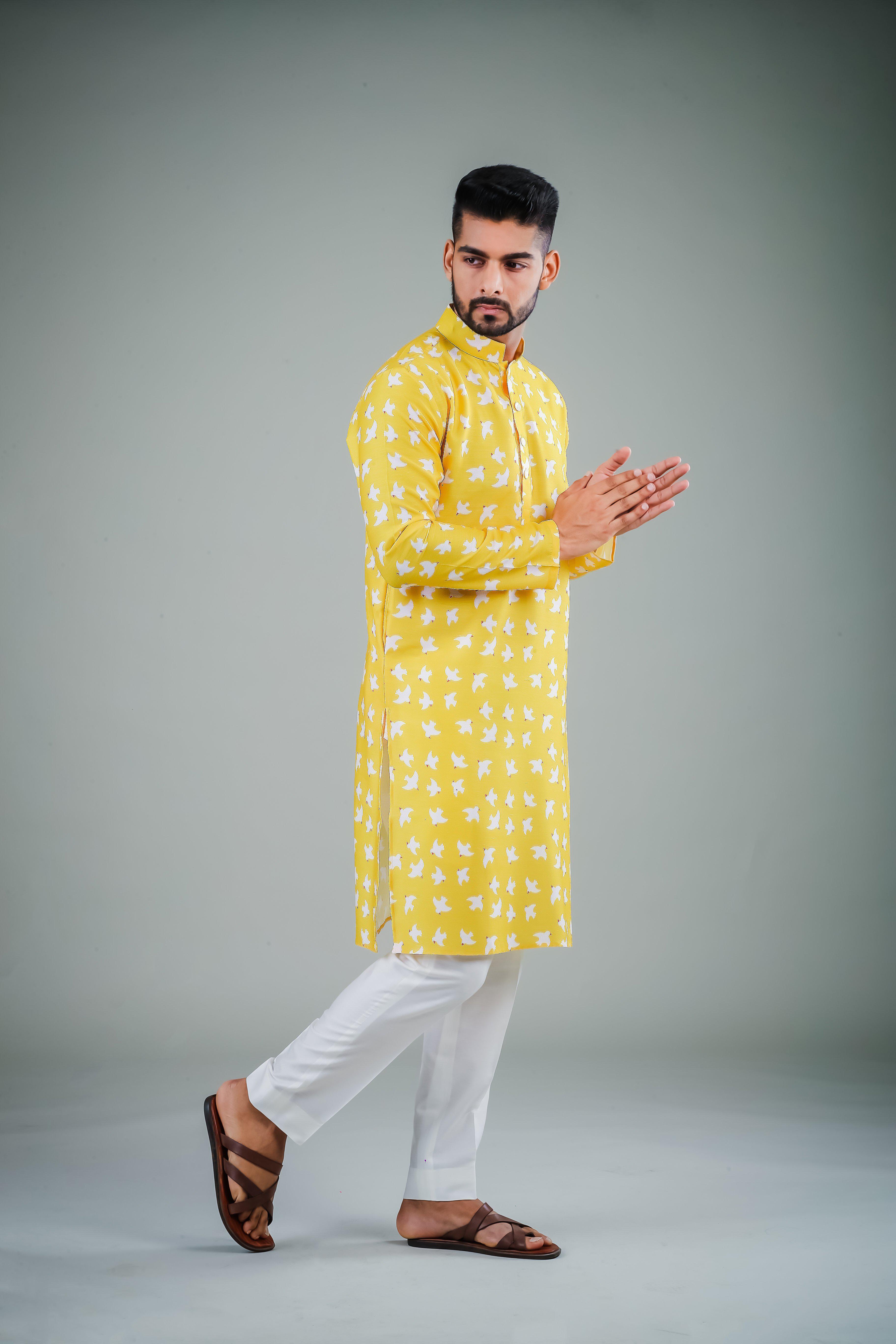 Chirpy Yellow Birds -  Silk Kurta