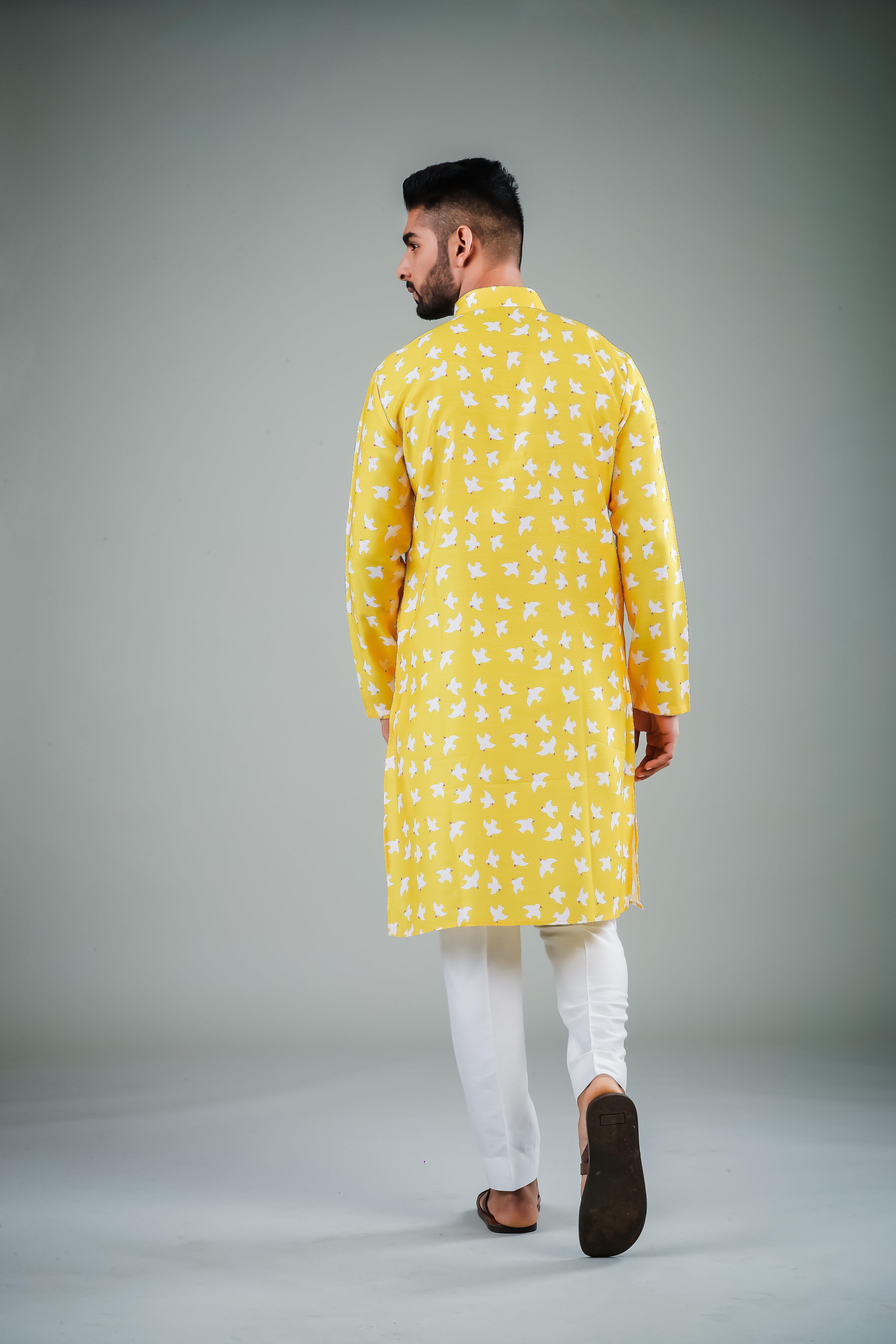 Chirpy Yellow Birds -  Silk Kurta