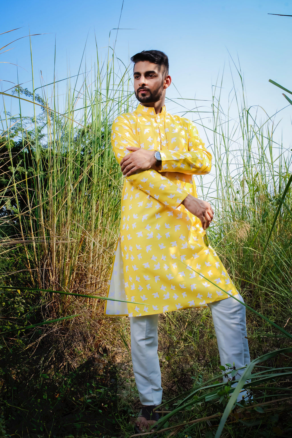 Chirpy Yellow Birds -  Silk Kurta