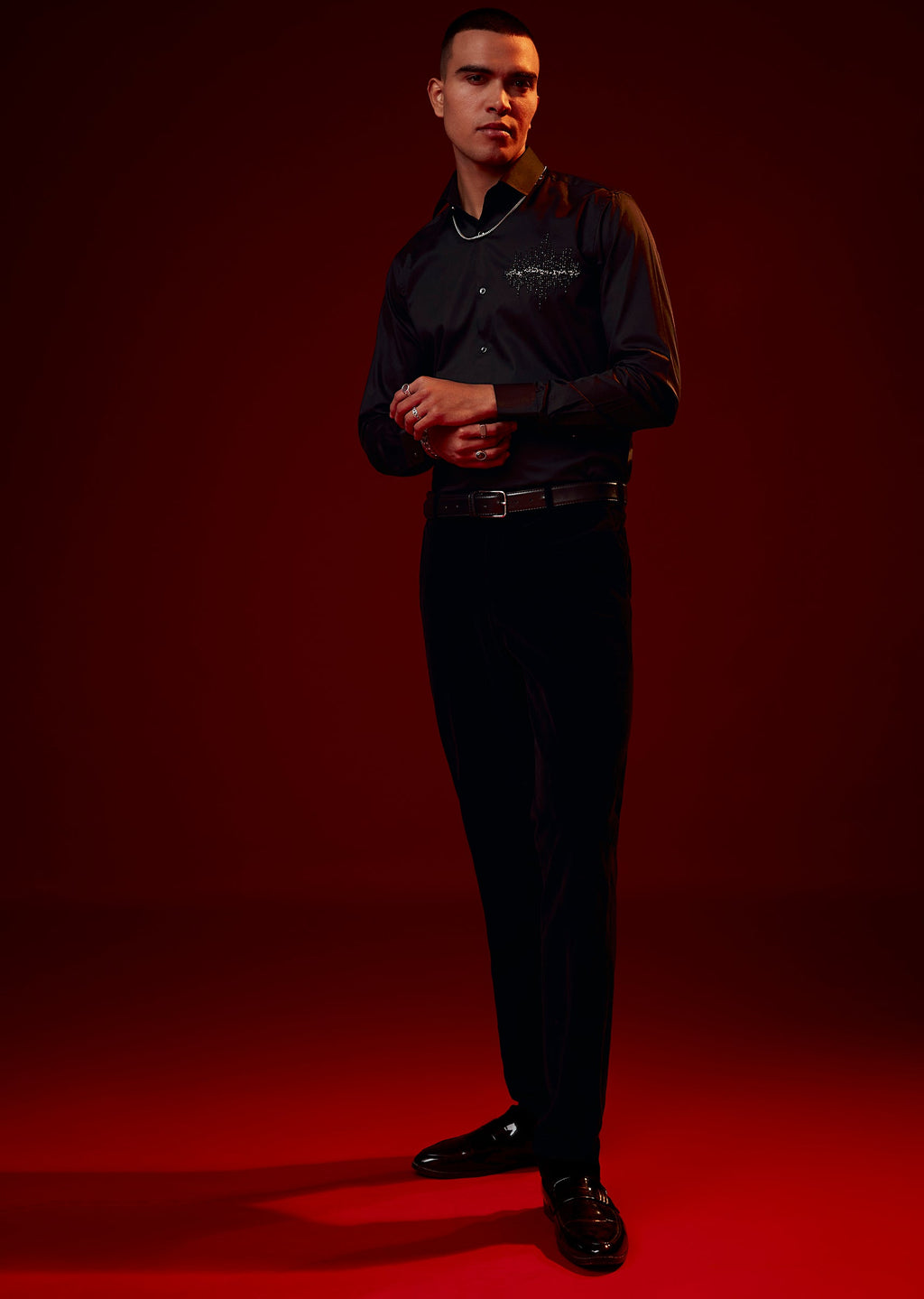 Black Embroidered Silk Blend Mandarin Collar Shirt