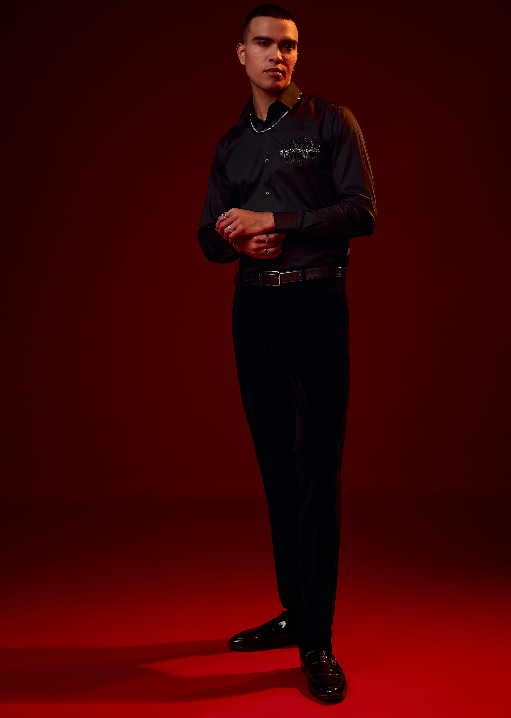 Black Embroidered Silk Blend Mandarin Collar Shirt