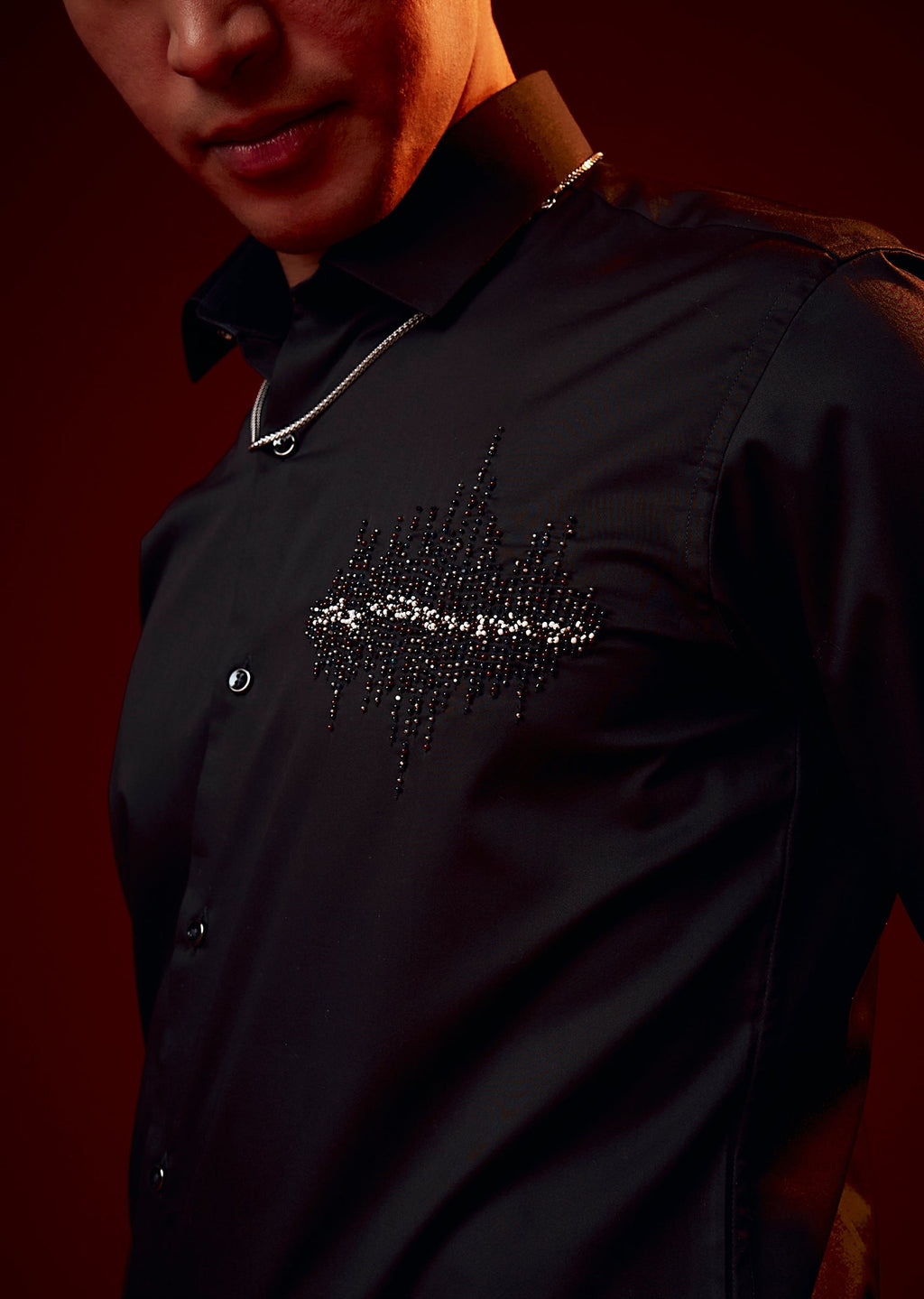 Black Embroidered Silk Blend Mandarin Collar Shirt
