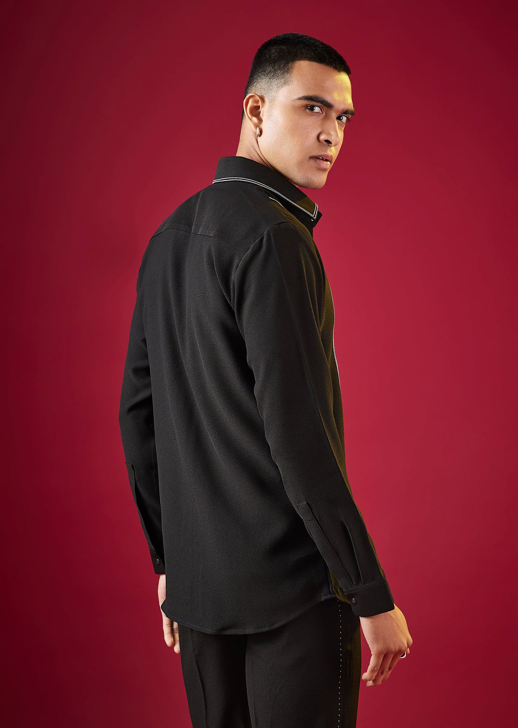 Black Mandarin Collar Striped Mens Shirt In Viscose