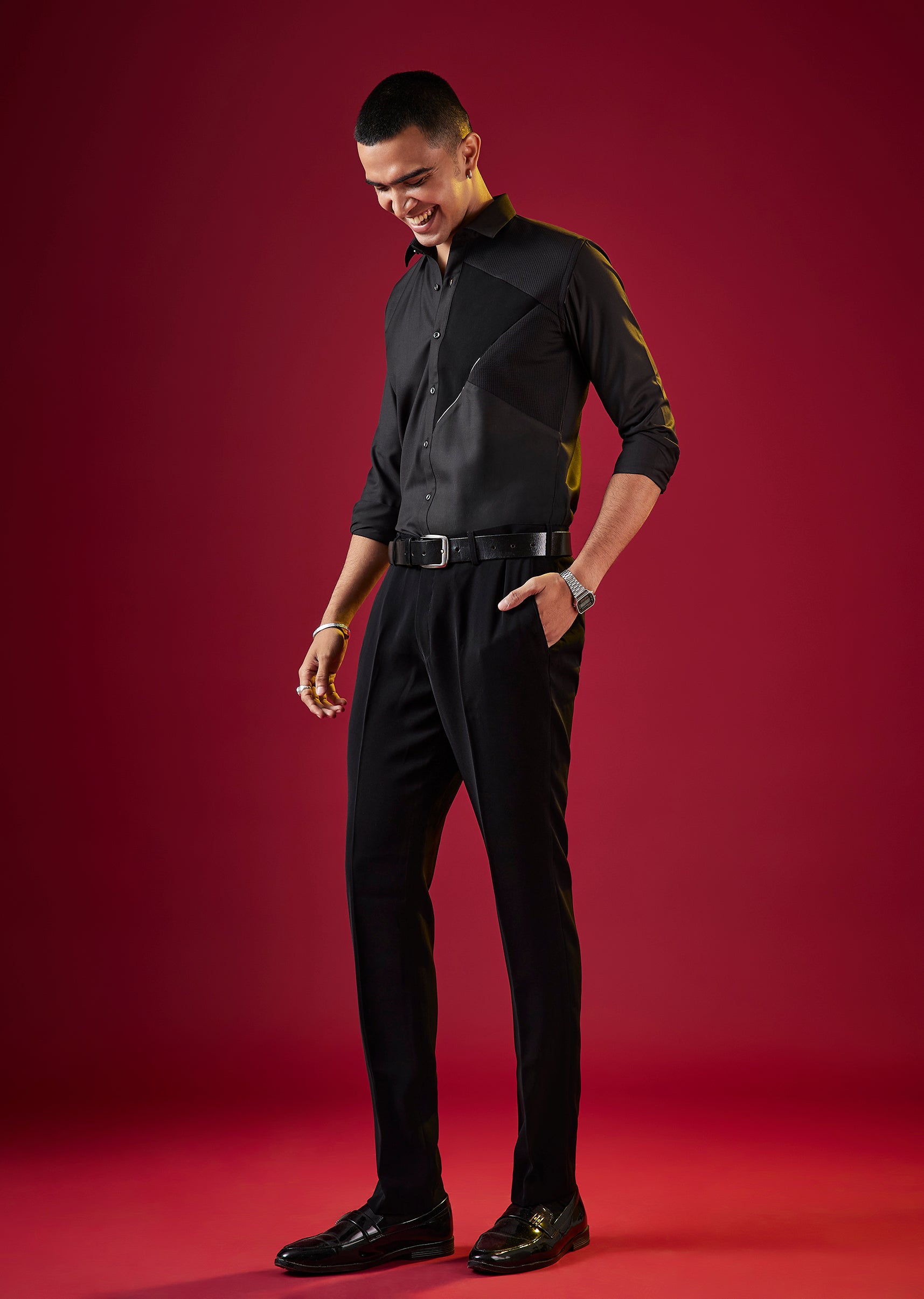 Black Patchwork Embroidered Mens Shirt
