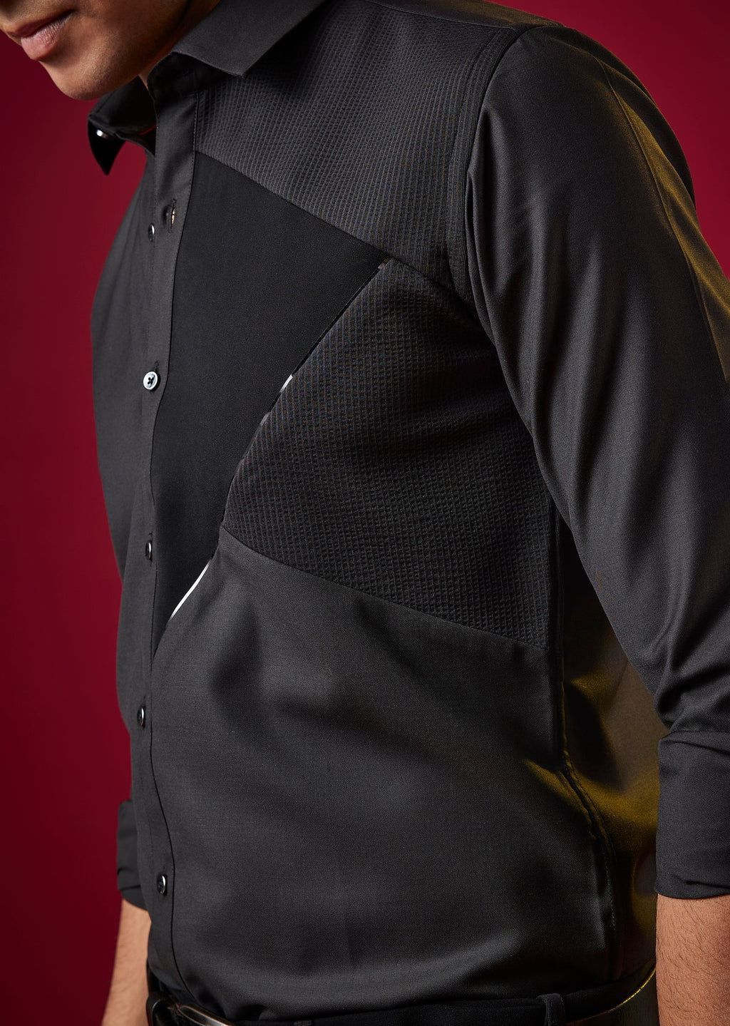Black Patchwork Embroidered Mens Shirt