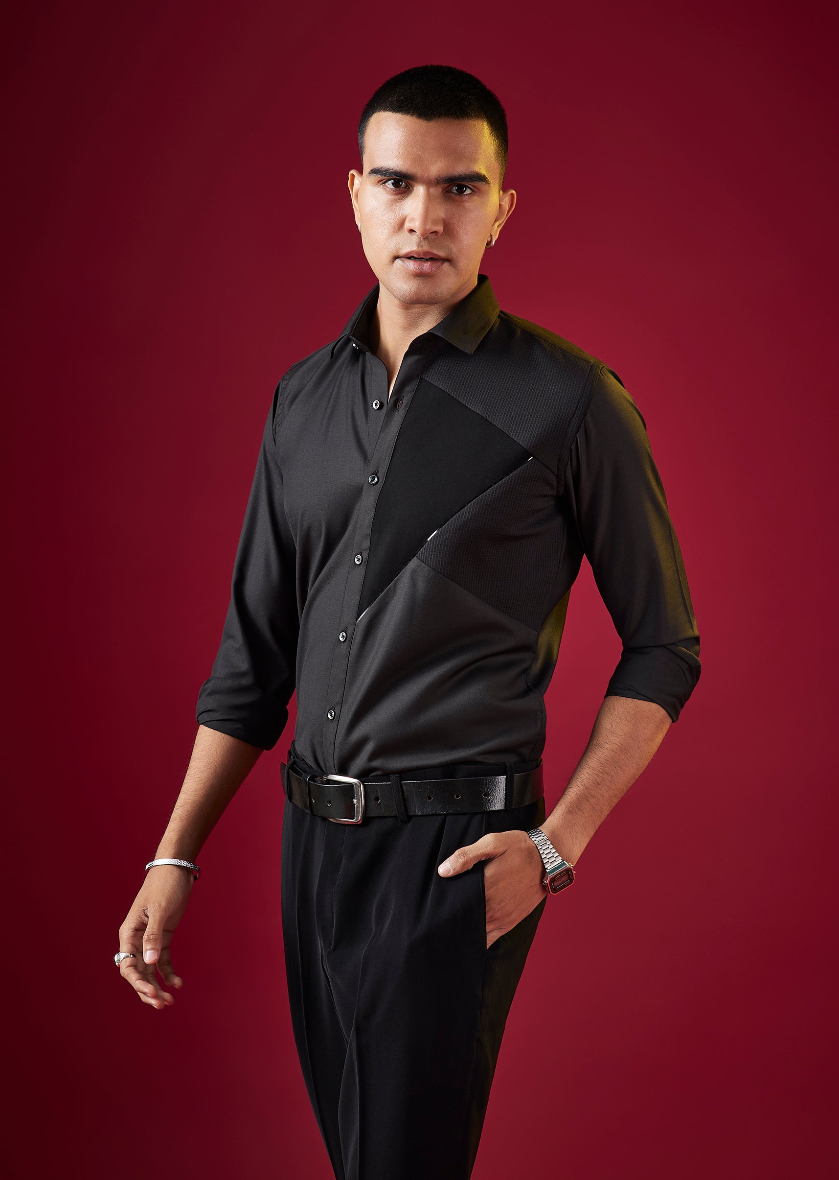 Black Patchwork Embroidered Mens Shirt