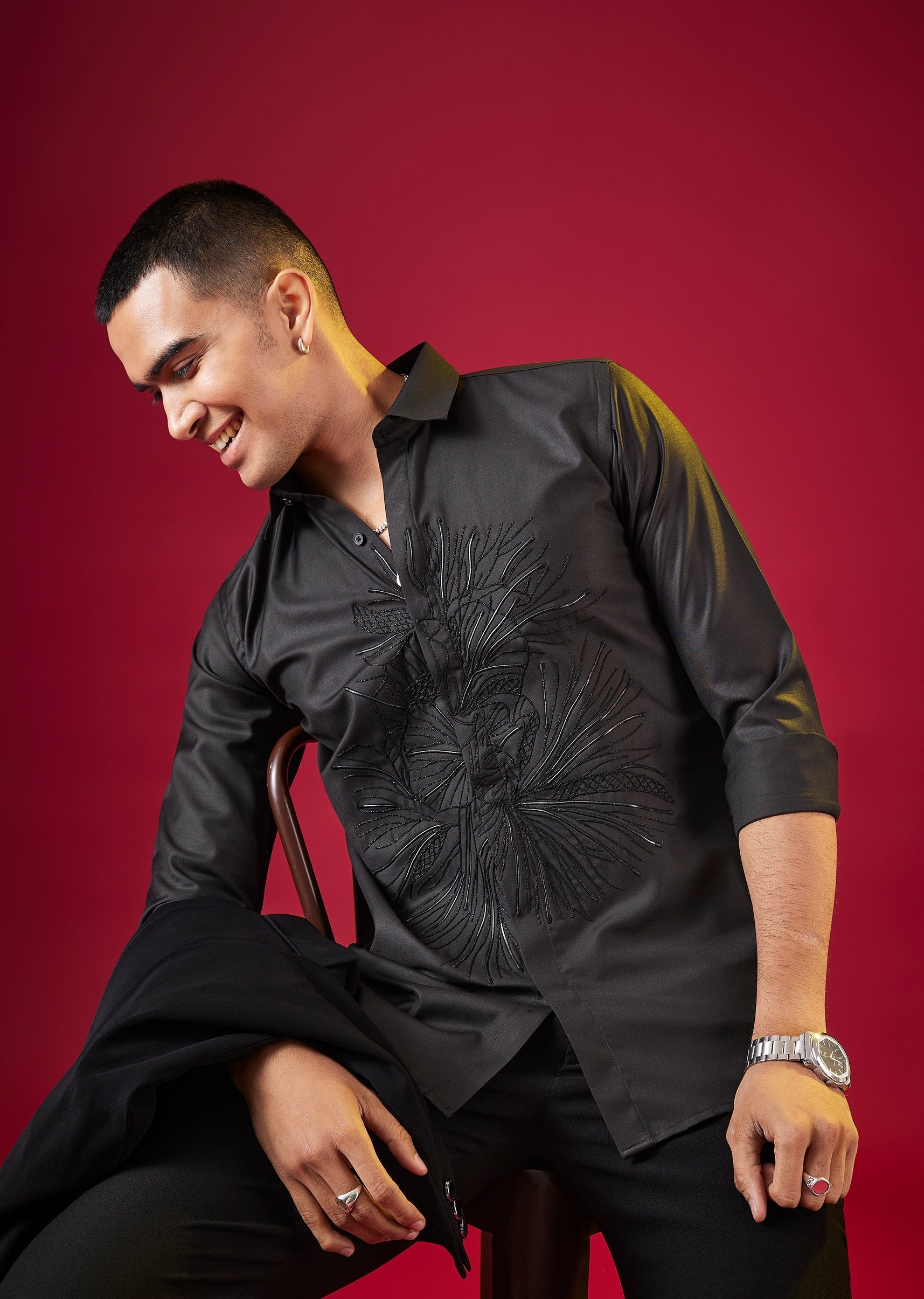 Black Thread And Resham Embroidered Mens Shirt
