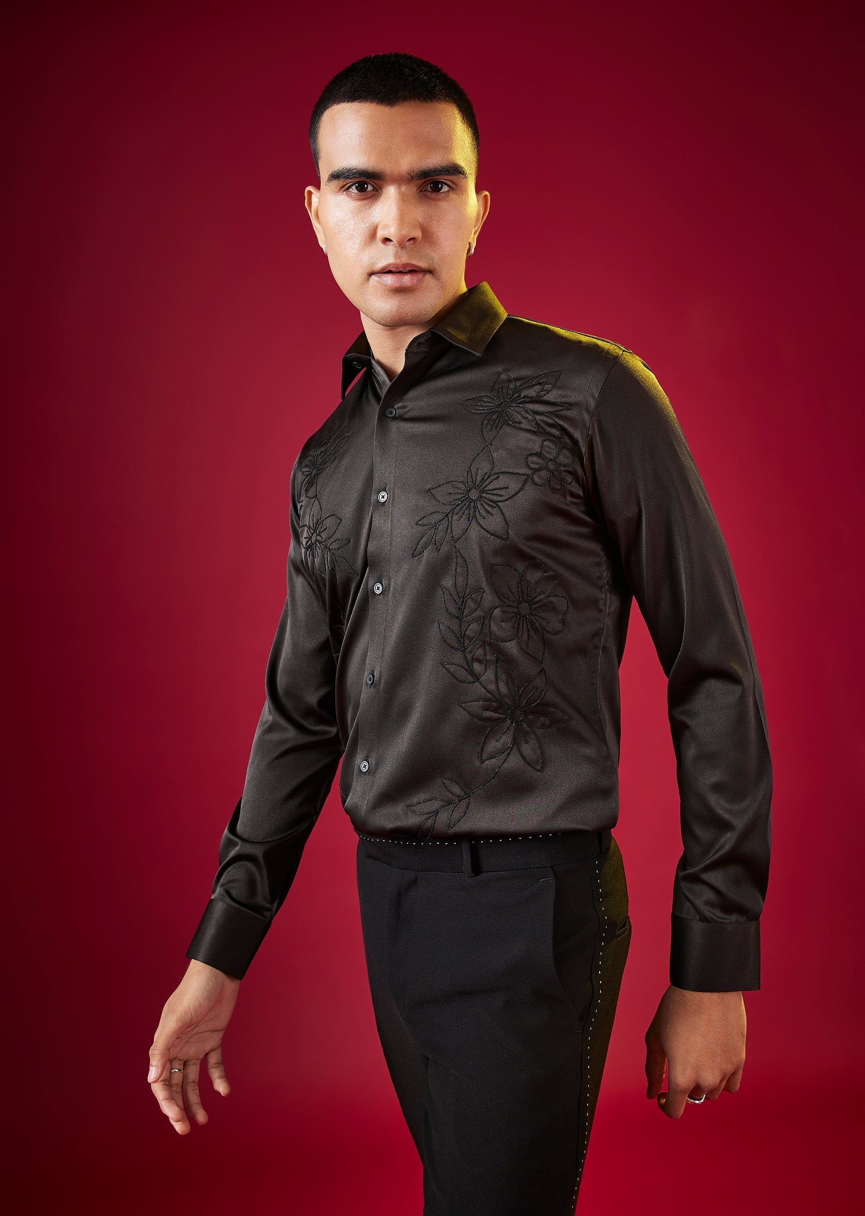 Black Thread Embellished Mens Shirt