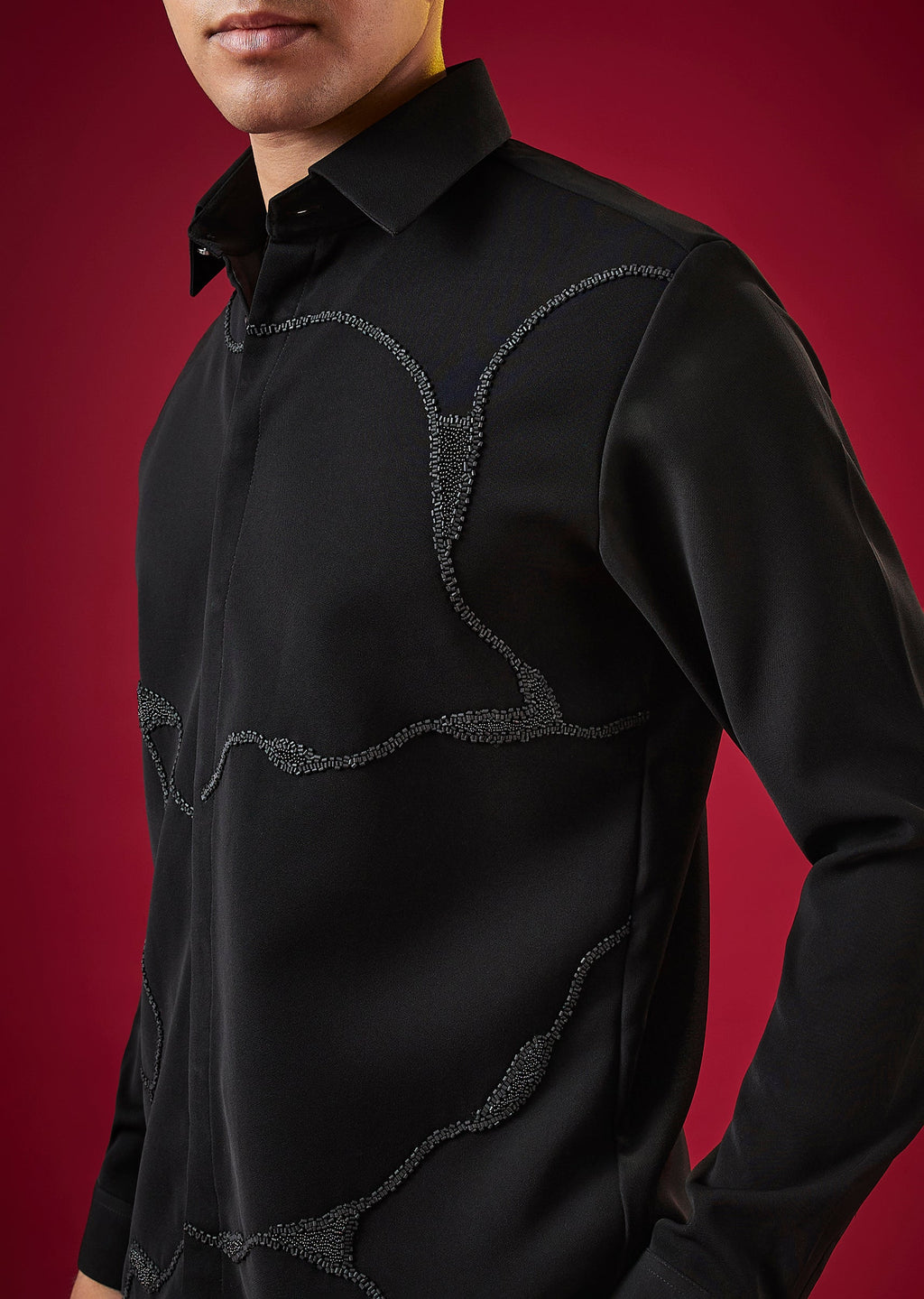 Black Viscose Cutdana And Bead Embroidered Mens Shirt