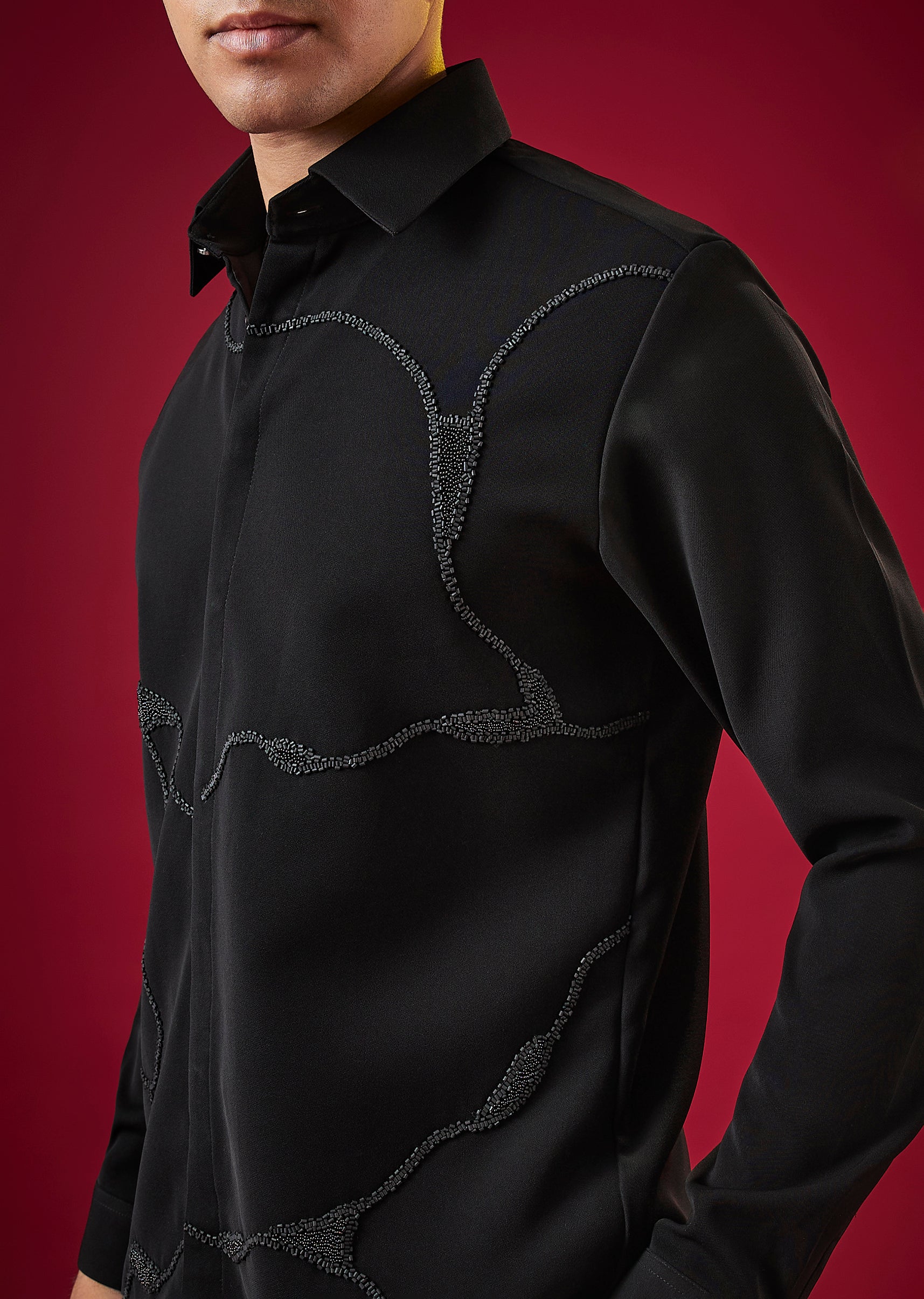 Black Viscose Cutdana And Bead Embroidered Mens Shirt