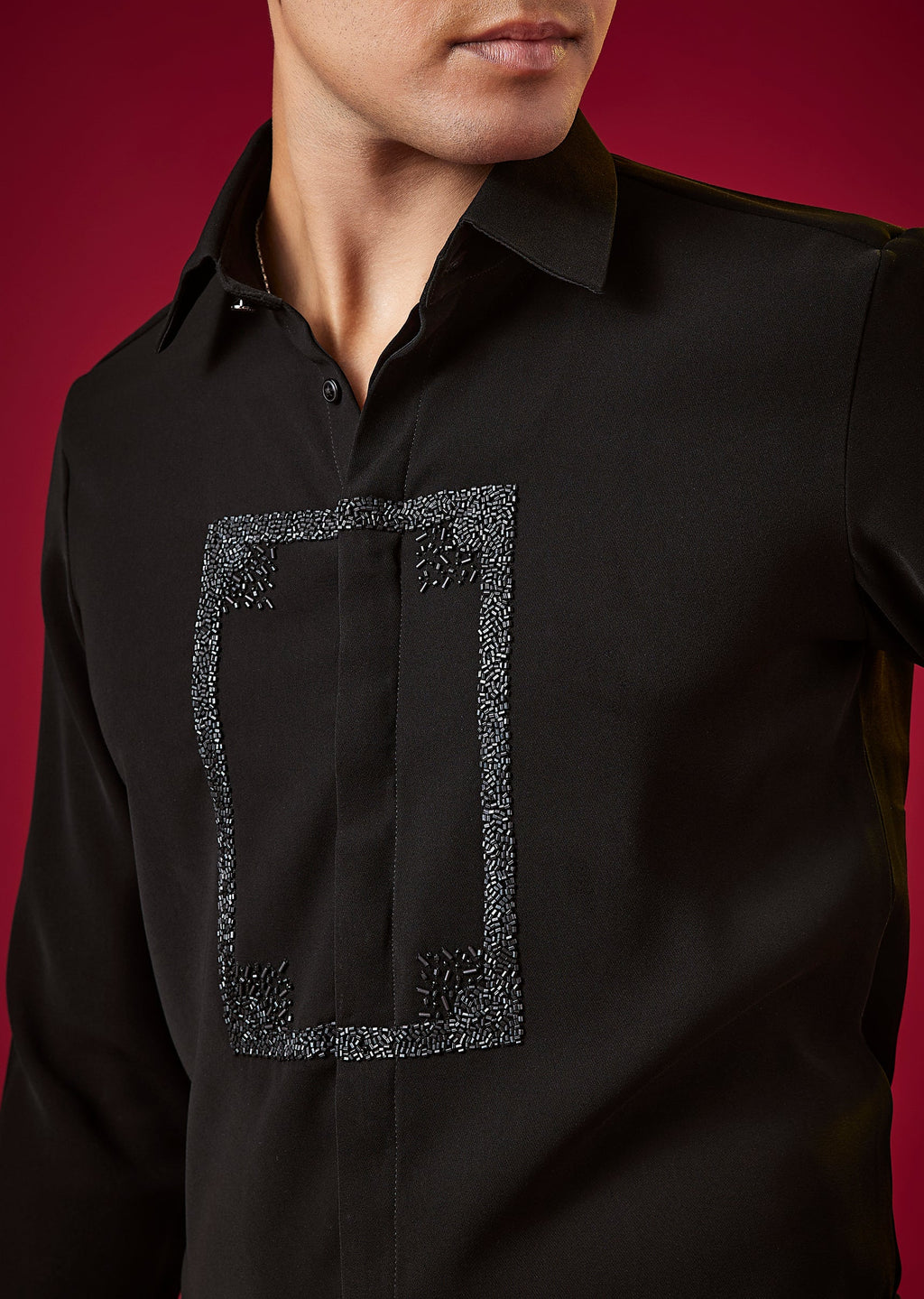 Black Viscose Cutdana Embroidered Mens Shirt
