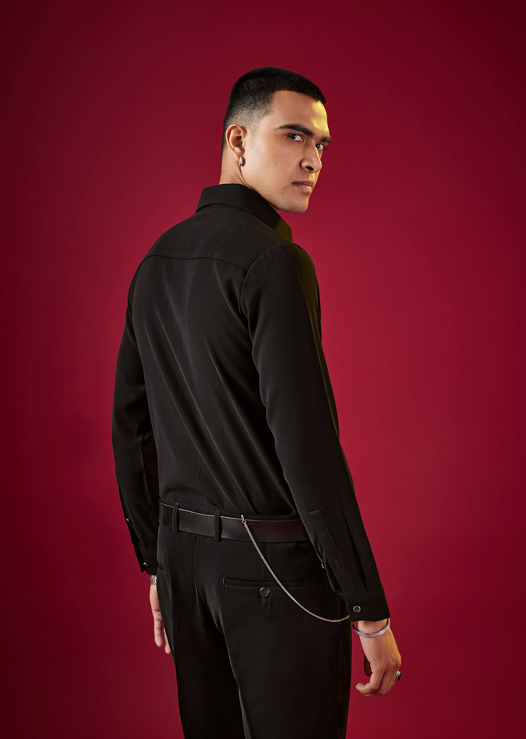 Black Viscose Cutdana Embroidered Mens Shirt