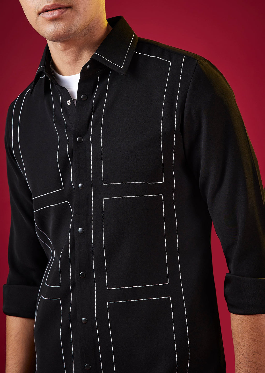 Black Viscose Mandarin Collar Checkered Mens Shirt