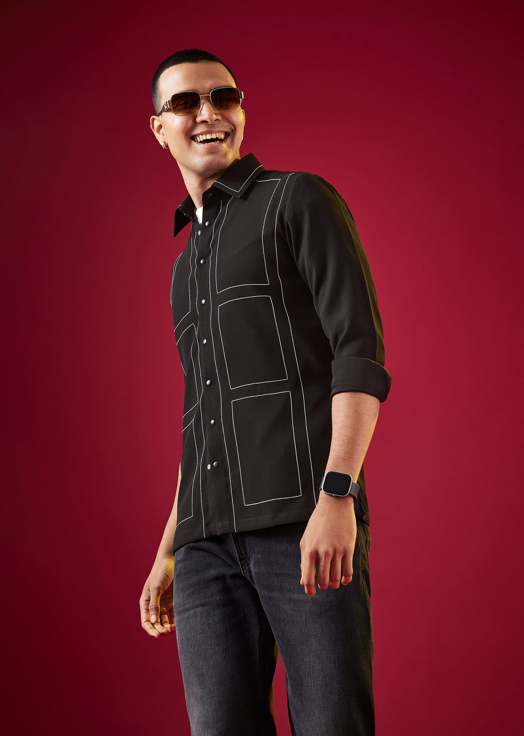 Black Viscose Mandarin Collar Checkered Mens Shirt