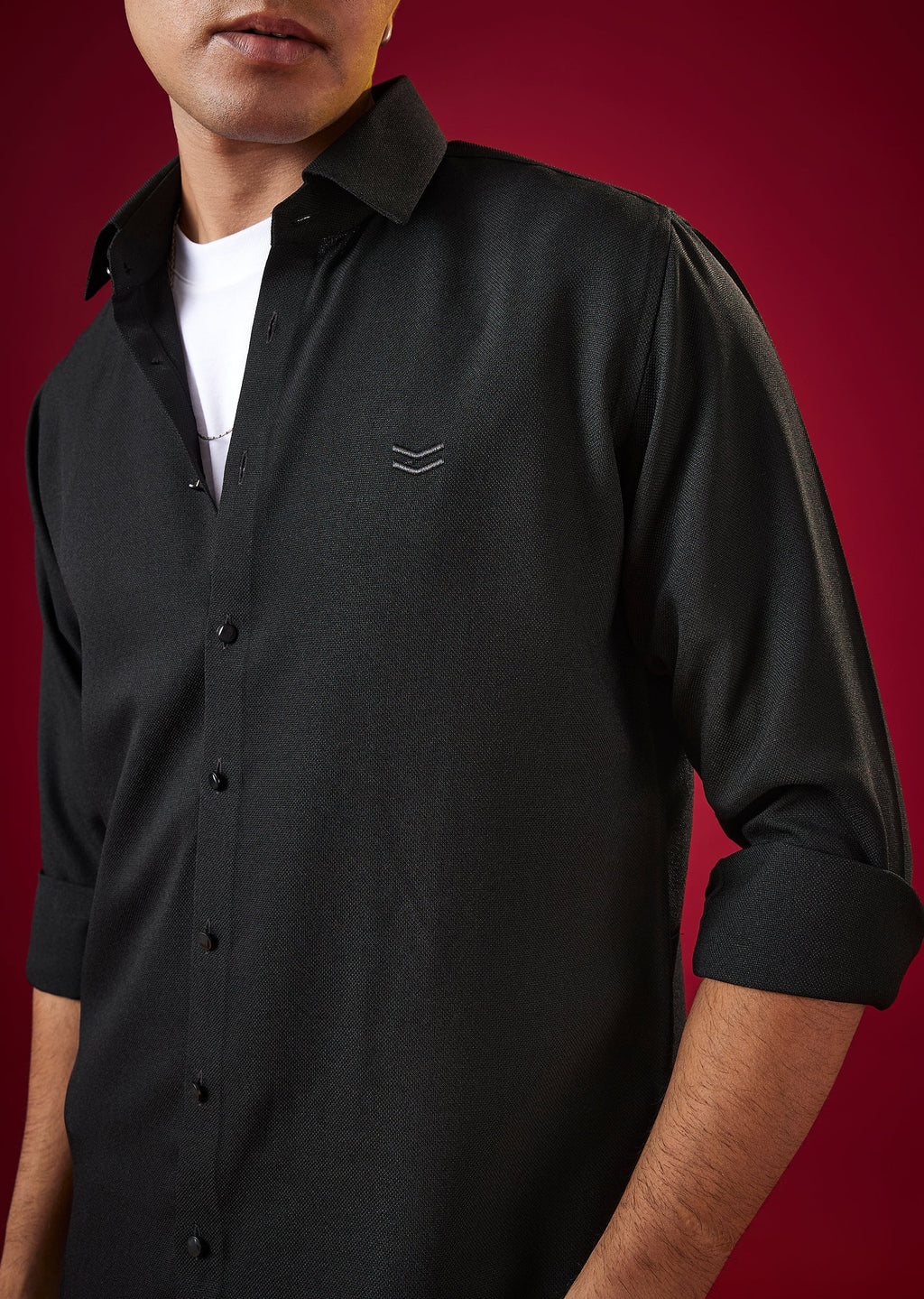 Black Viscose Mandarin Collar Mens Shirt