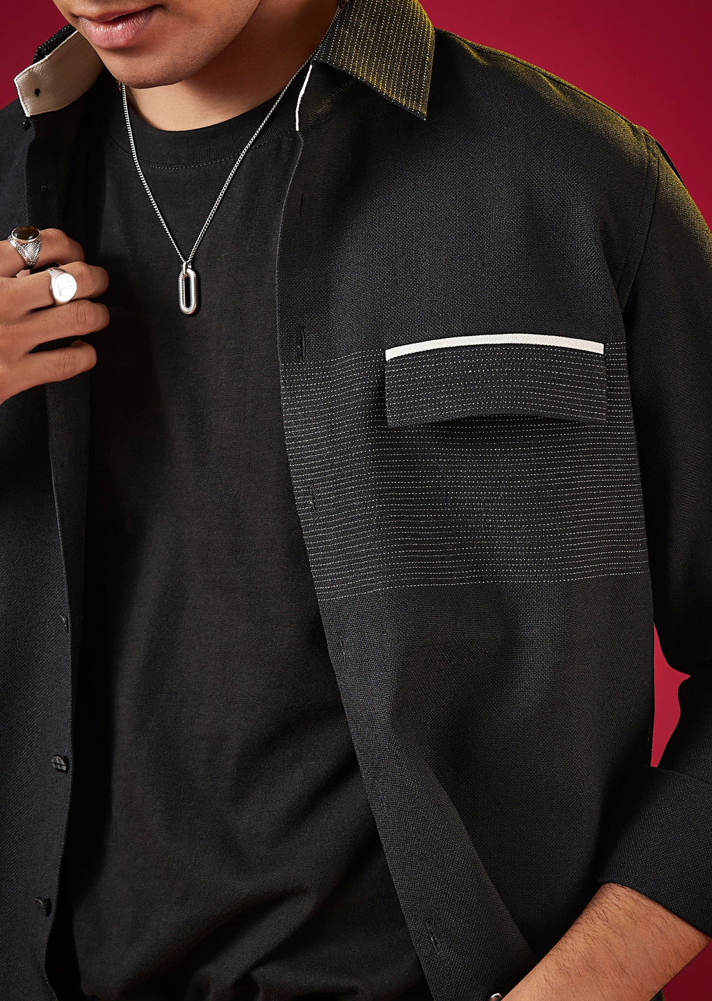 Black Viscose Mandarin Collar Solid Mens Shirt