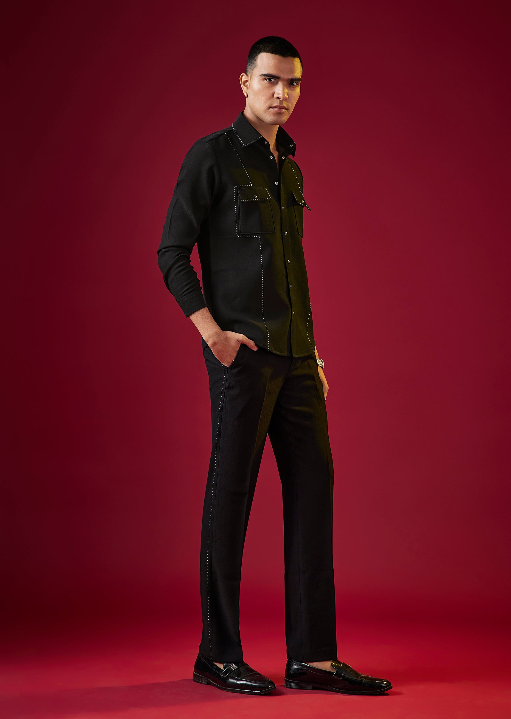 Black Viscose Resham Embroidered Mens Shirt