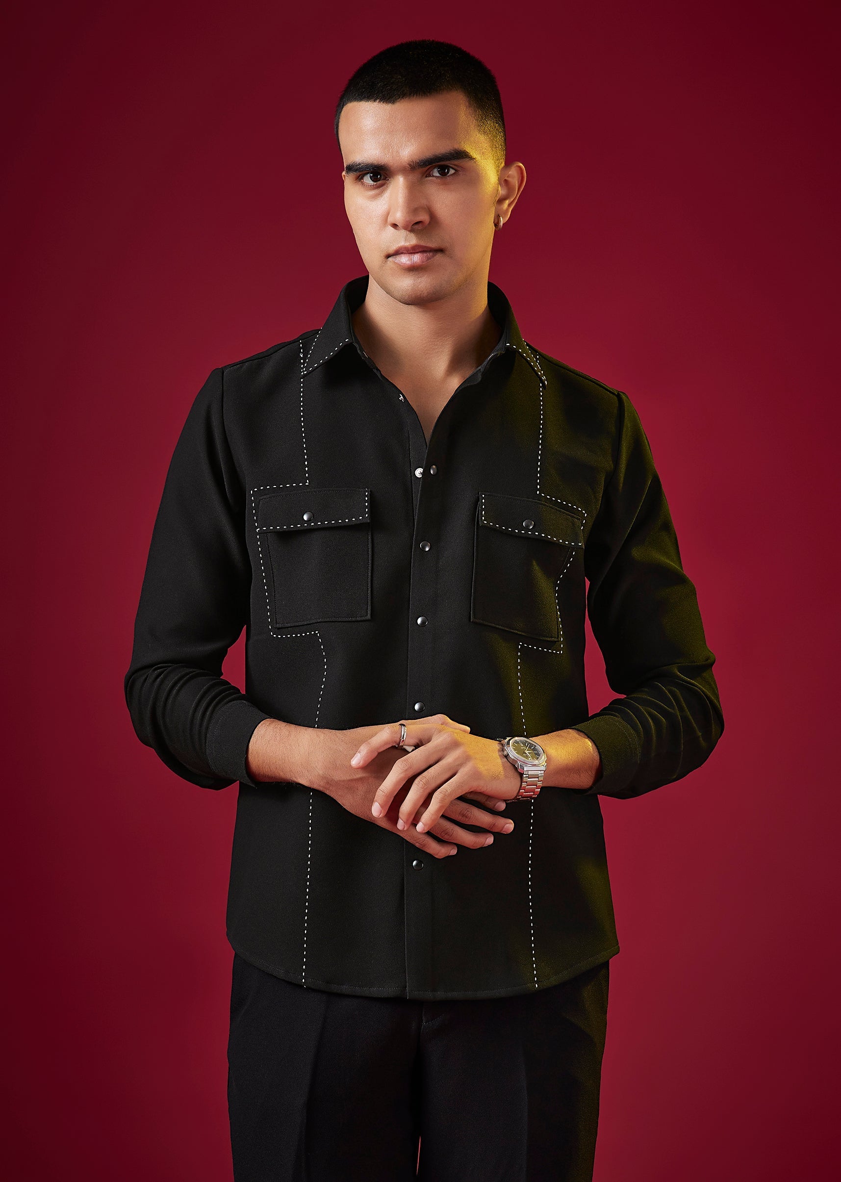 Black Viscose Resham Embroidered Mens Shirt
