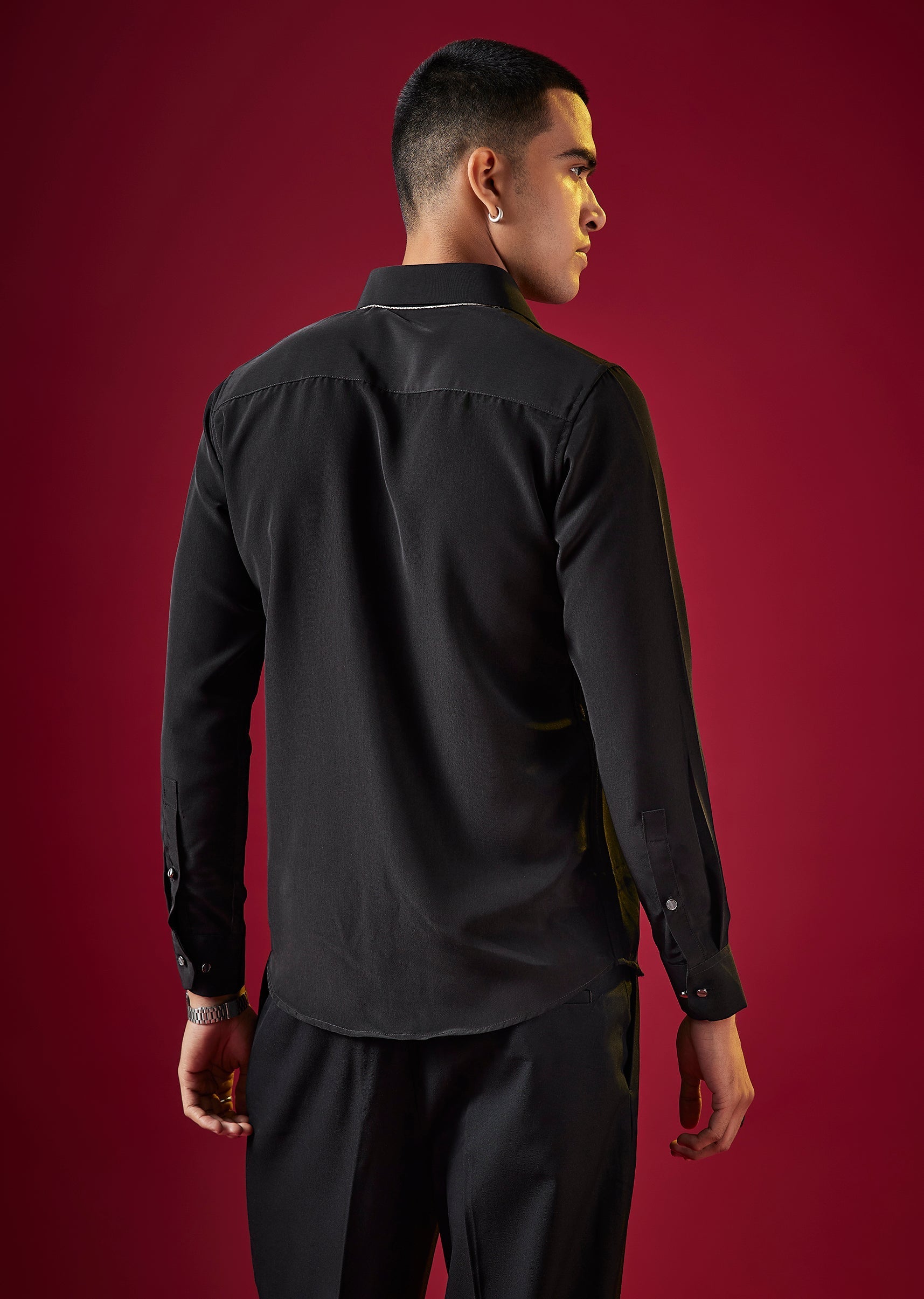 Black Viscose Thread Embroidered Mens Shirt