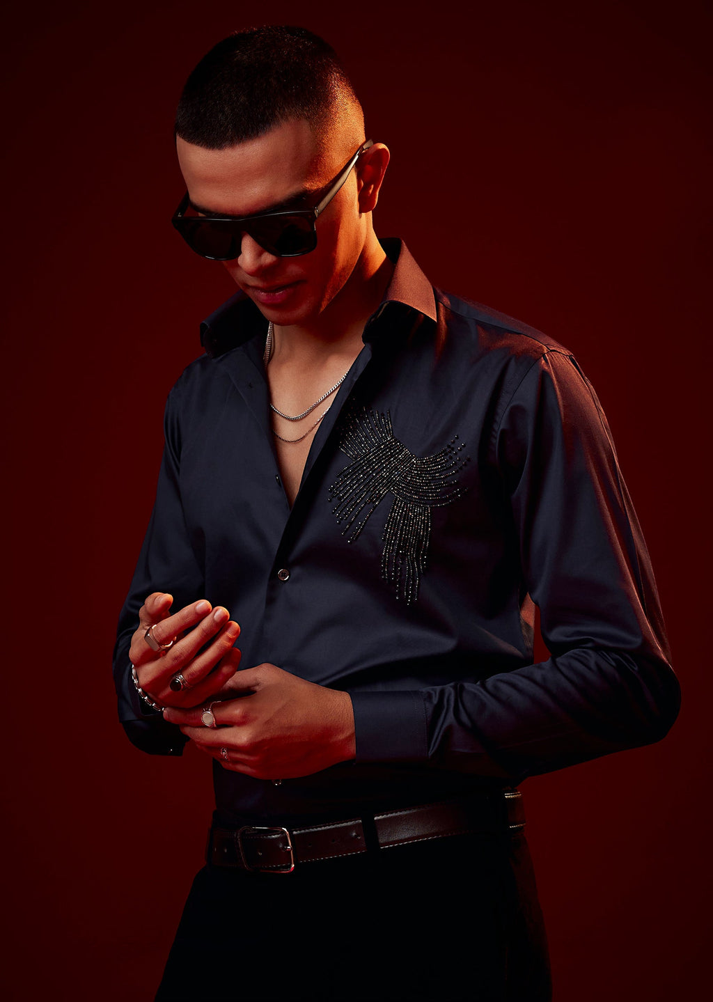 Blue Bead Embroidered Silk Blend Shirt
