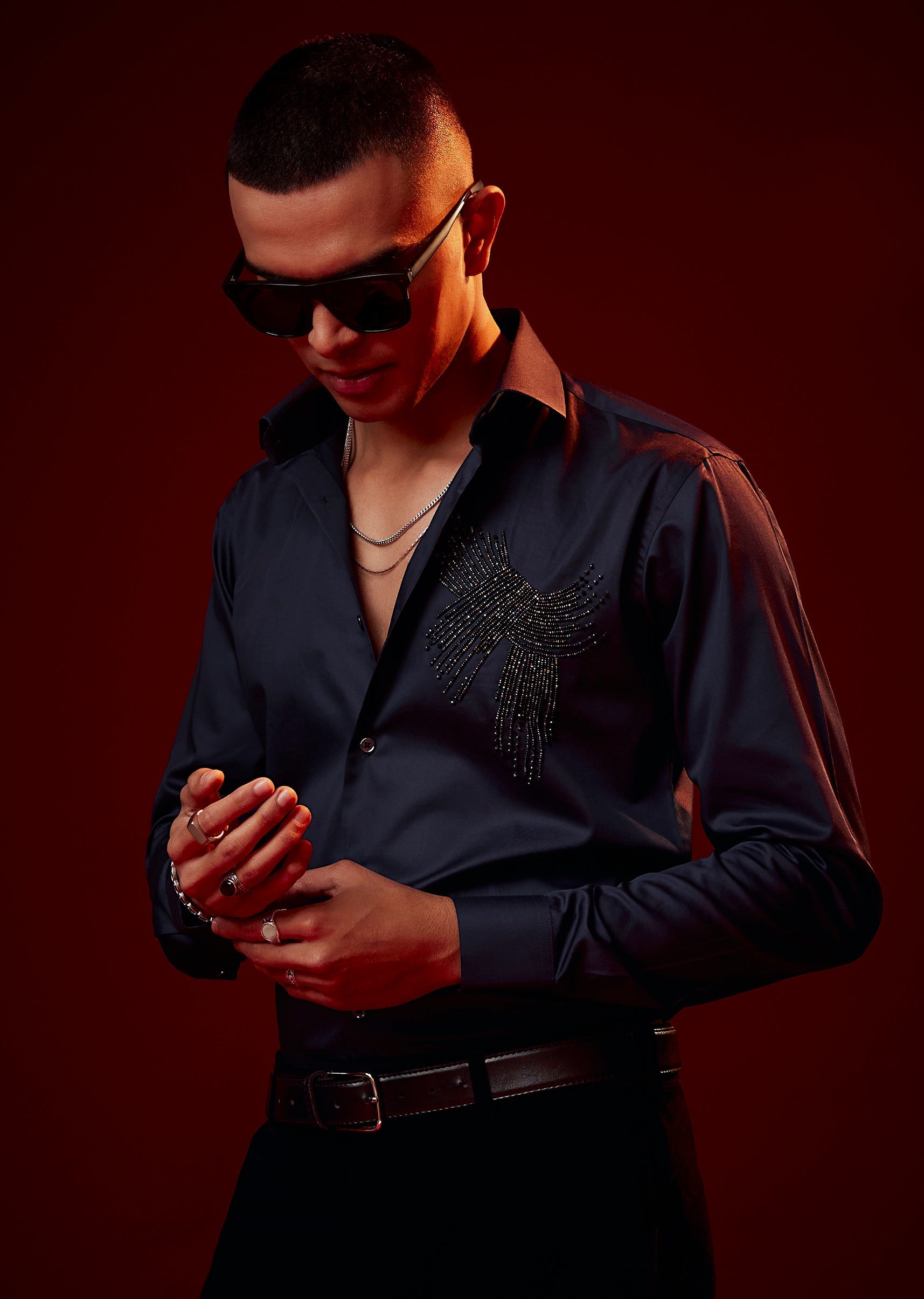 Blue Bead Embroidered Silk Blend Shirt