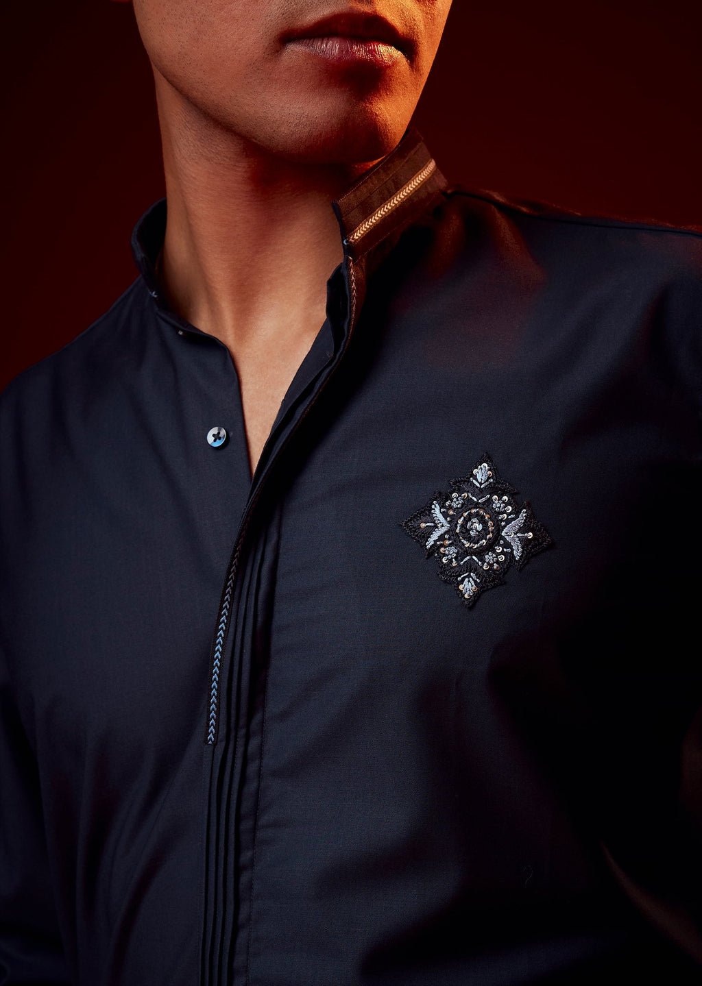 Blue Embroidered Rayon Mandarin Collar Shirt