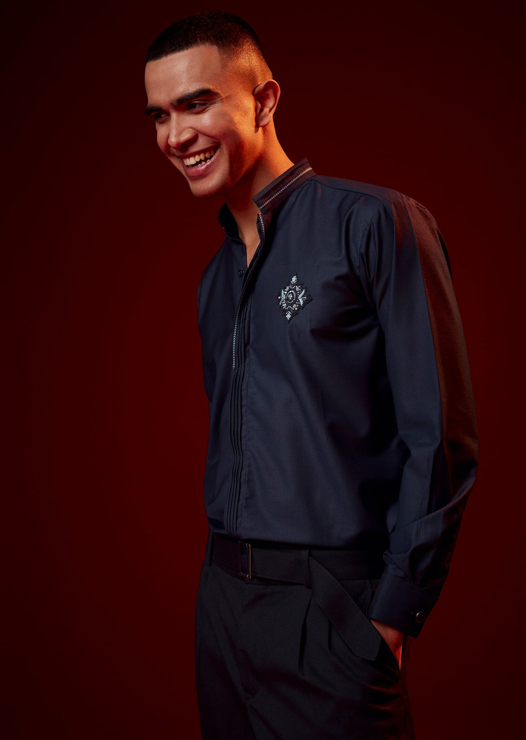 Blue Embroidered Rayon Mandarin Collar Shirt