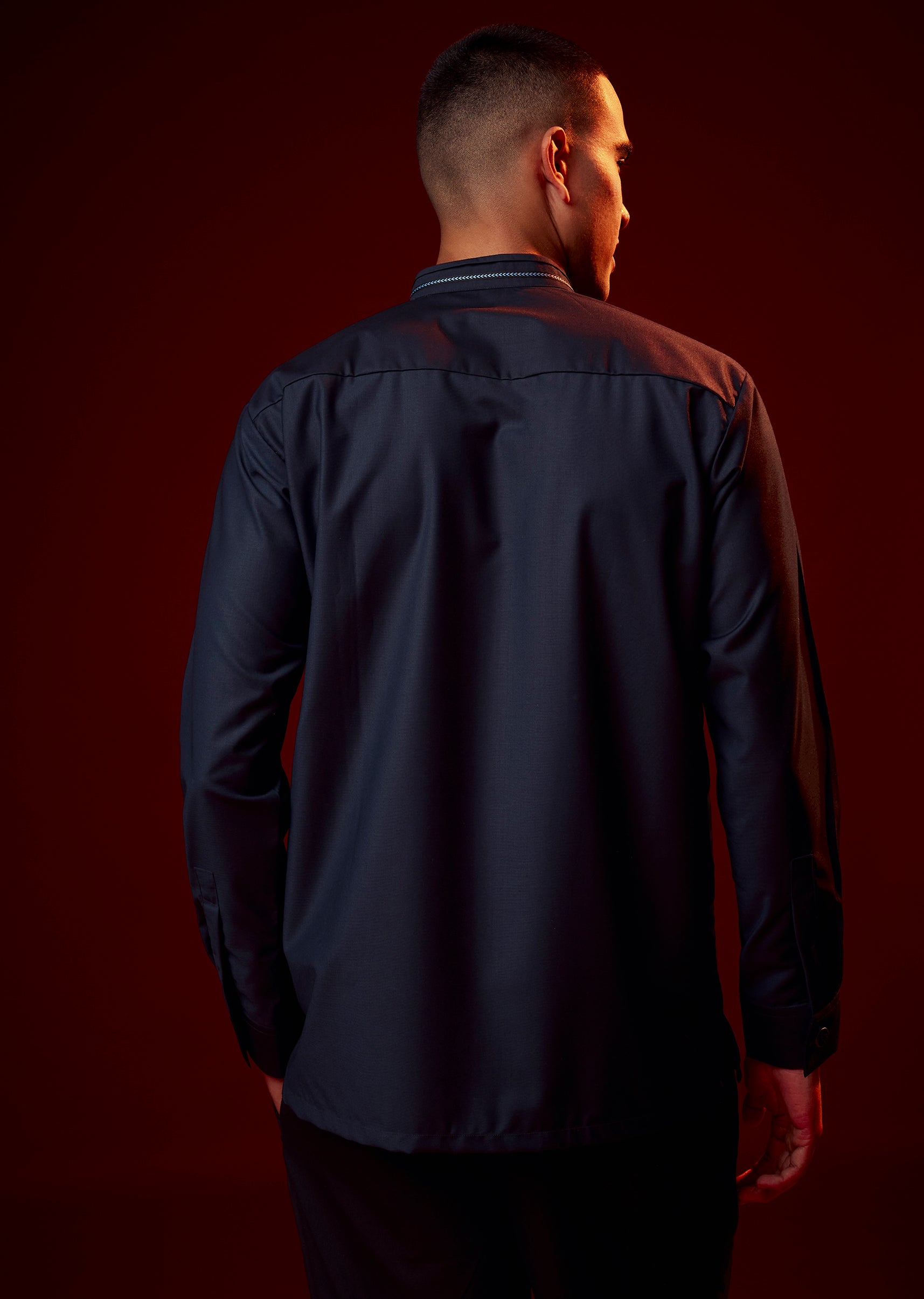 Blue Embroidered Rayon Mandarin Collar Shirt