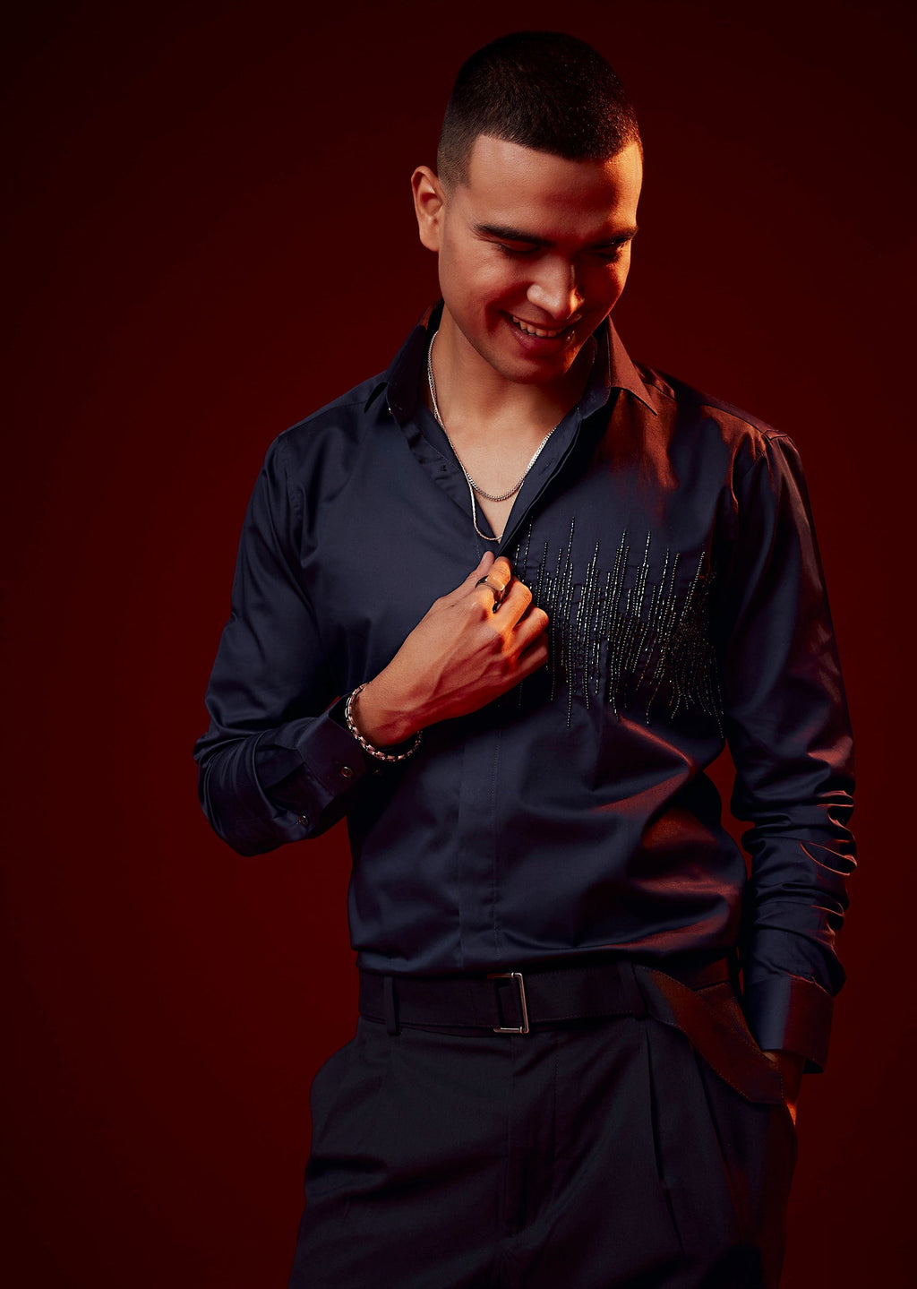 Blue Embroidered Silk Blend Party Shirt