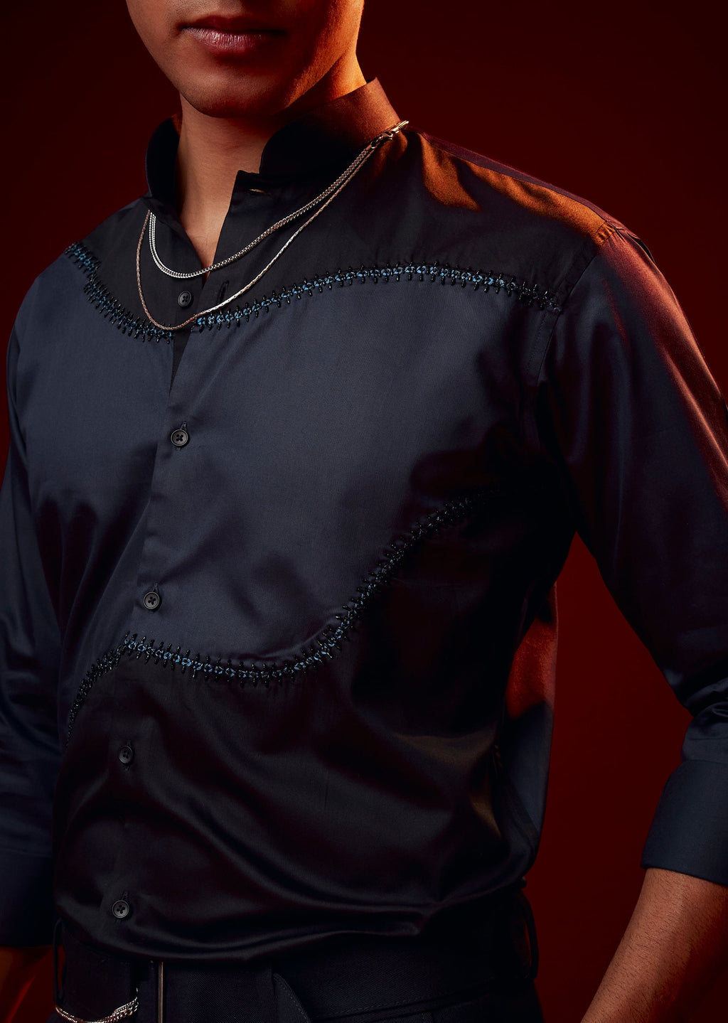 Blue Patch Work Embellished Mandarin Collar Shirt