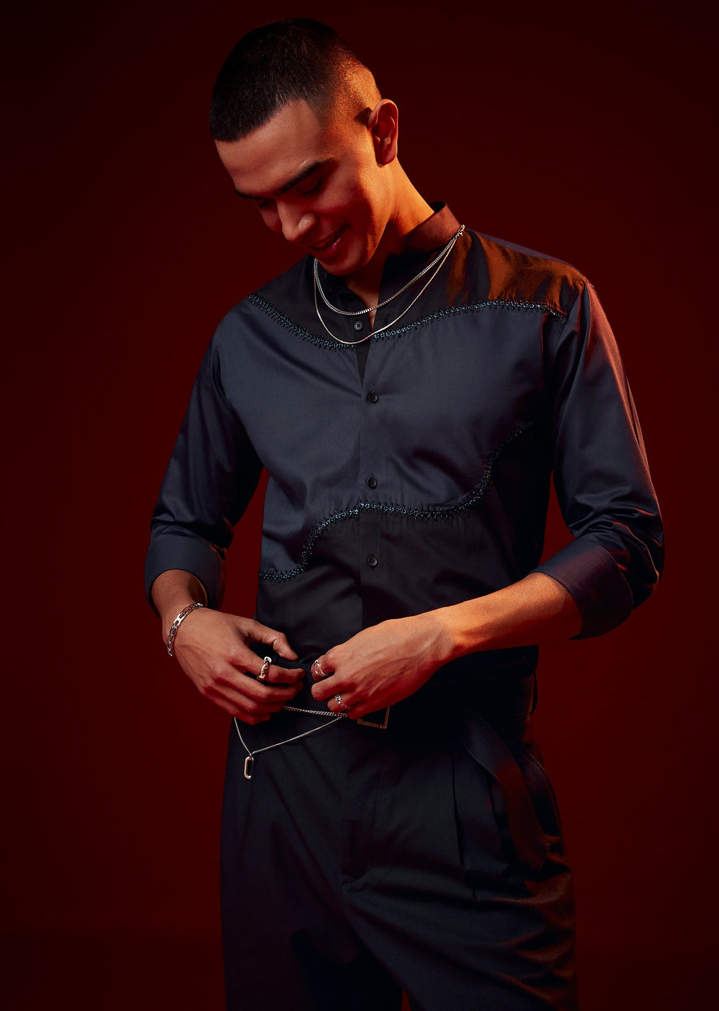 Blue Patch Work Embellished Mandarin Collar Shirt