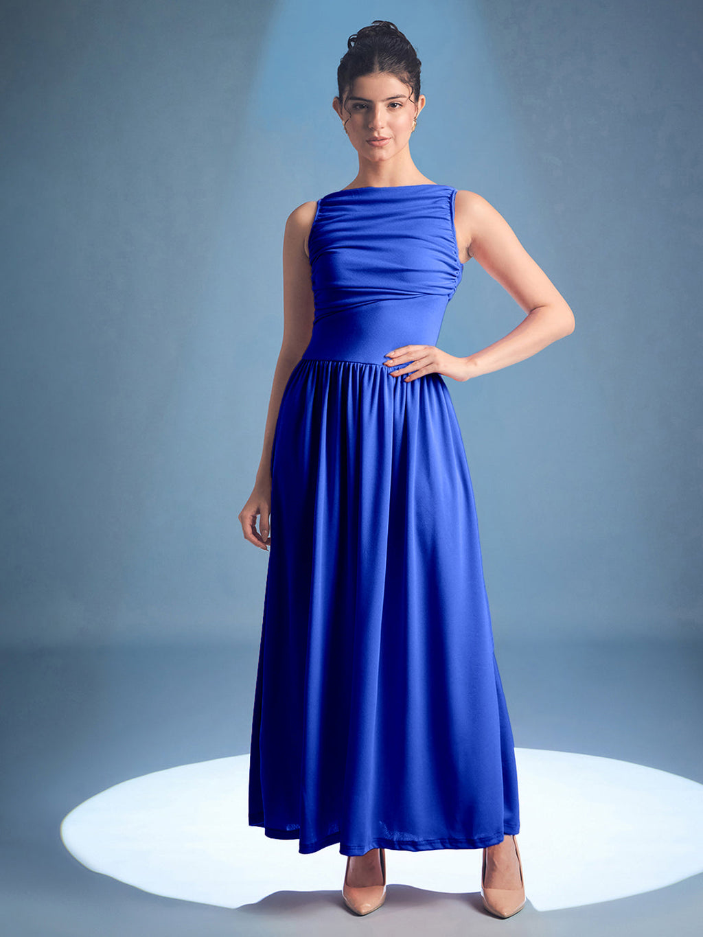 Stretchable Gathered Drop Waist Maxi Dress