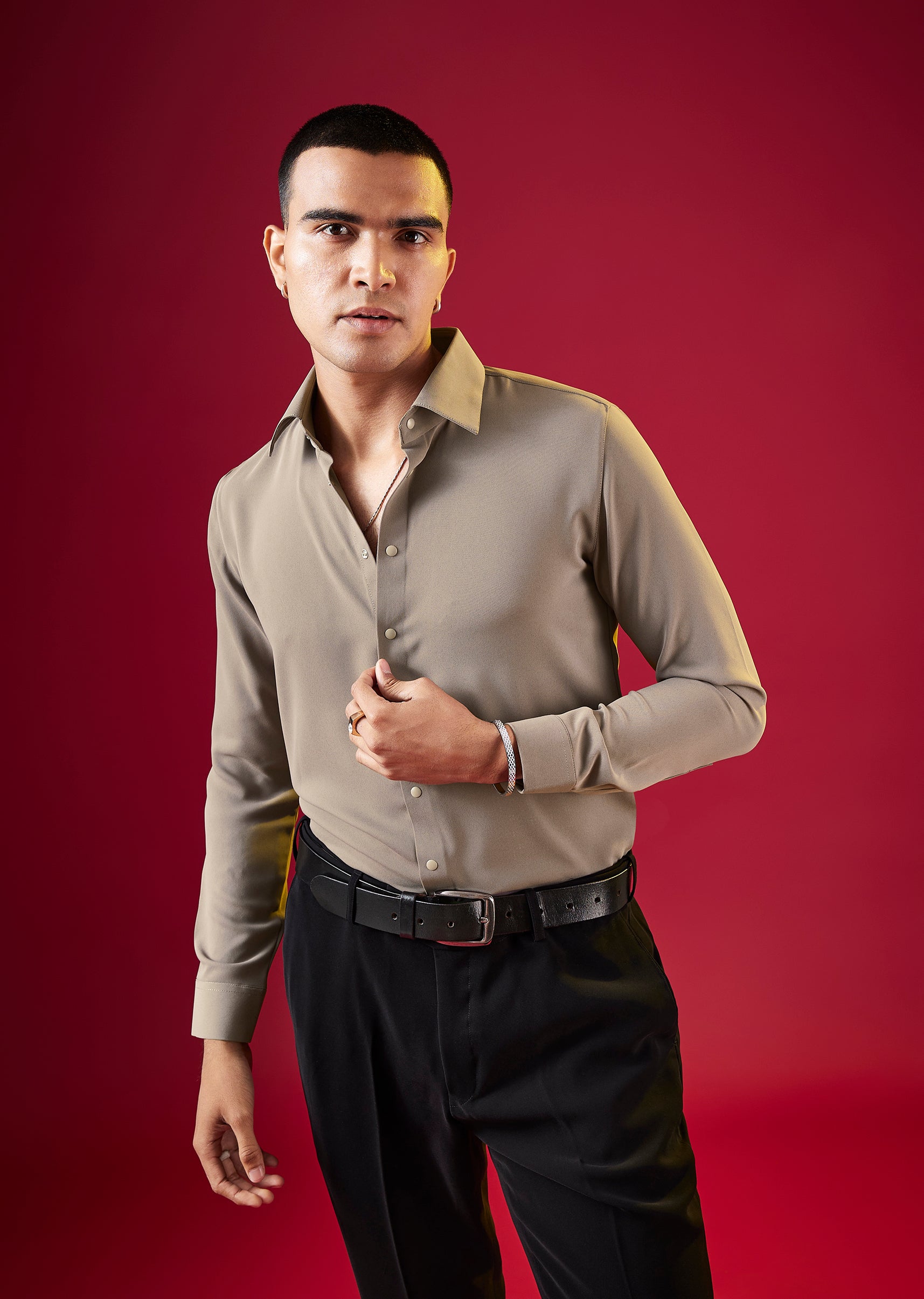 Brown Viscose Button Front Mens Solid Shirt
