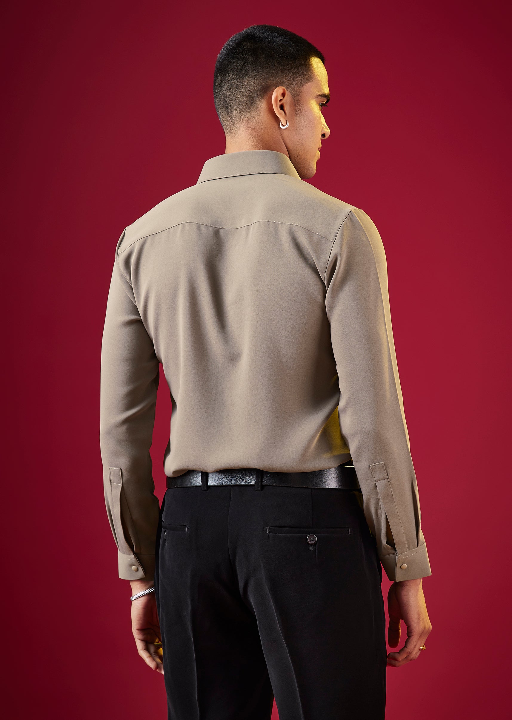 Brown Viscose Button Front Mens Solid Shirt