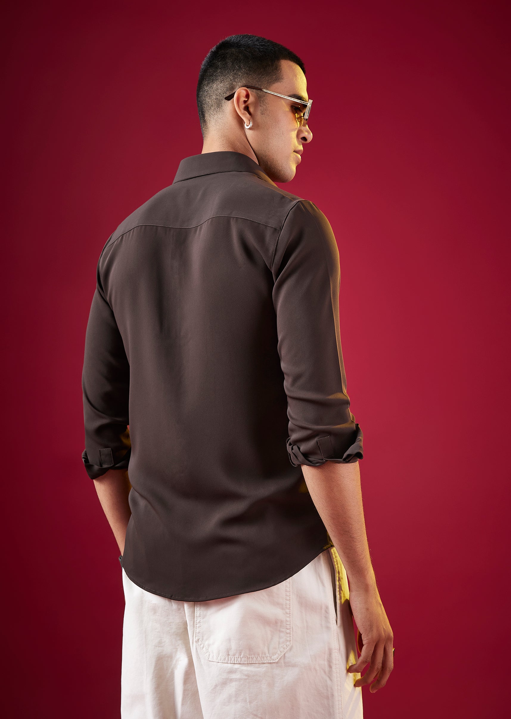 Brown Viscose Mandarin Collar Solid Mens Shirt