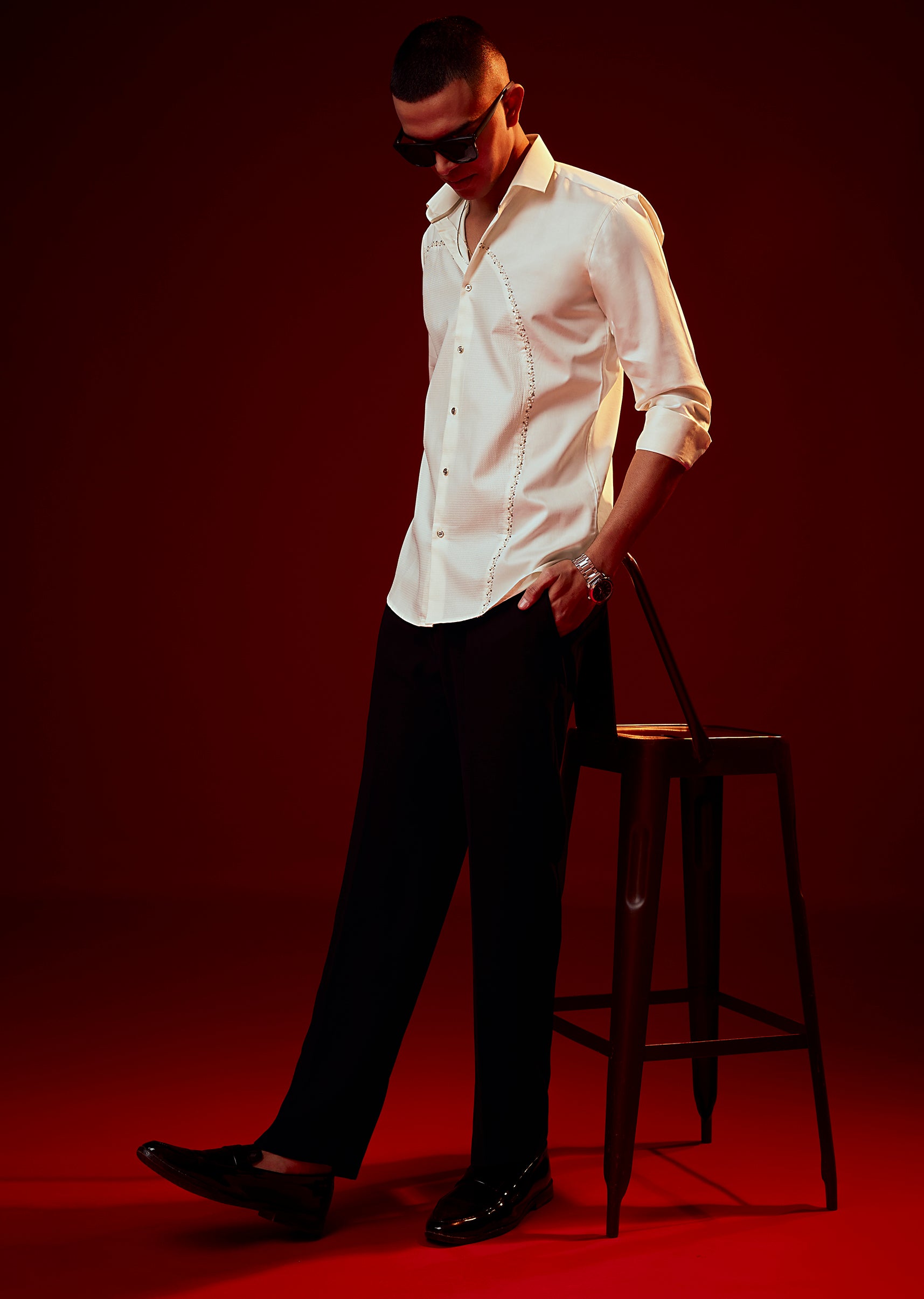 Cream Bead Embroidered Mandarin Collar Shirt