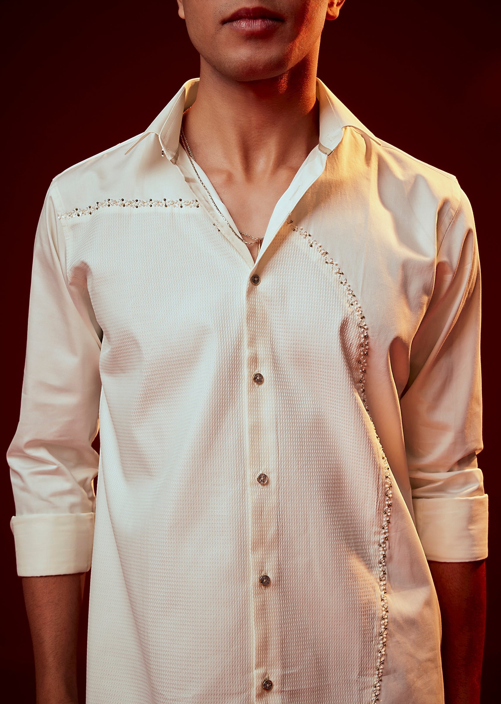 Cream Bead Embroidered Mandarin Collar Shirt