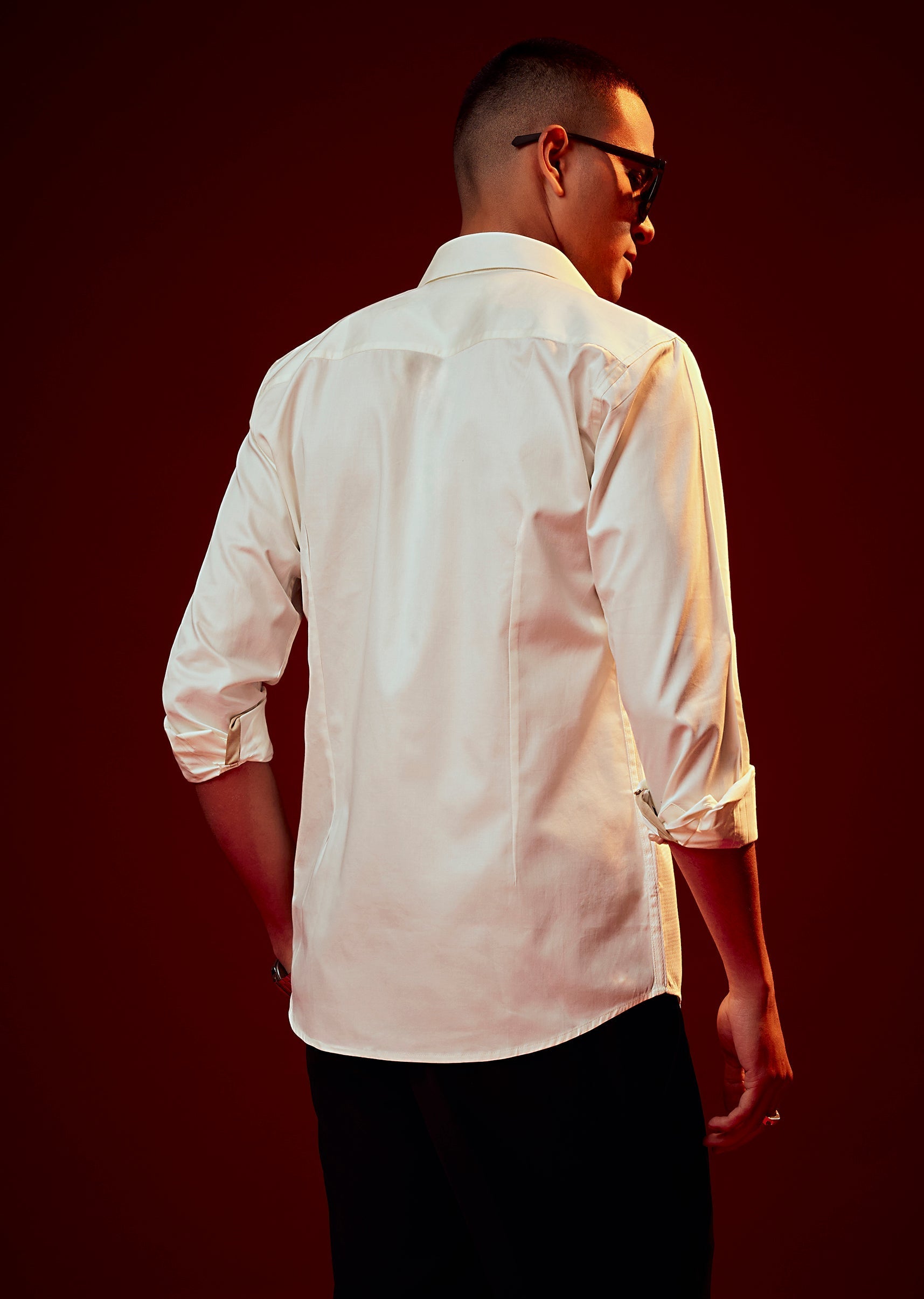 Cream Bead Embroidered Mandarin Collar Shirt