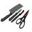 Stainless steel kitchen tool set including butcher knife, standard knife, peeler, and scissors.