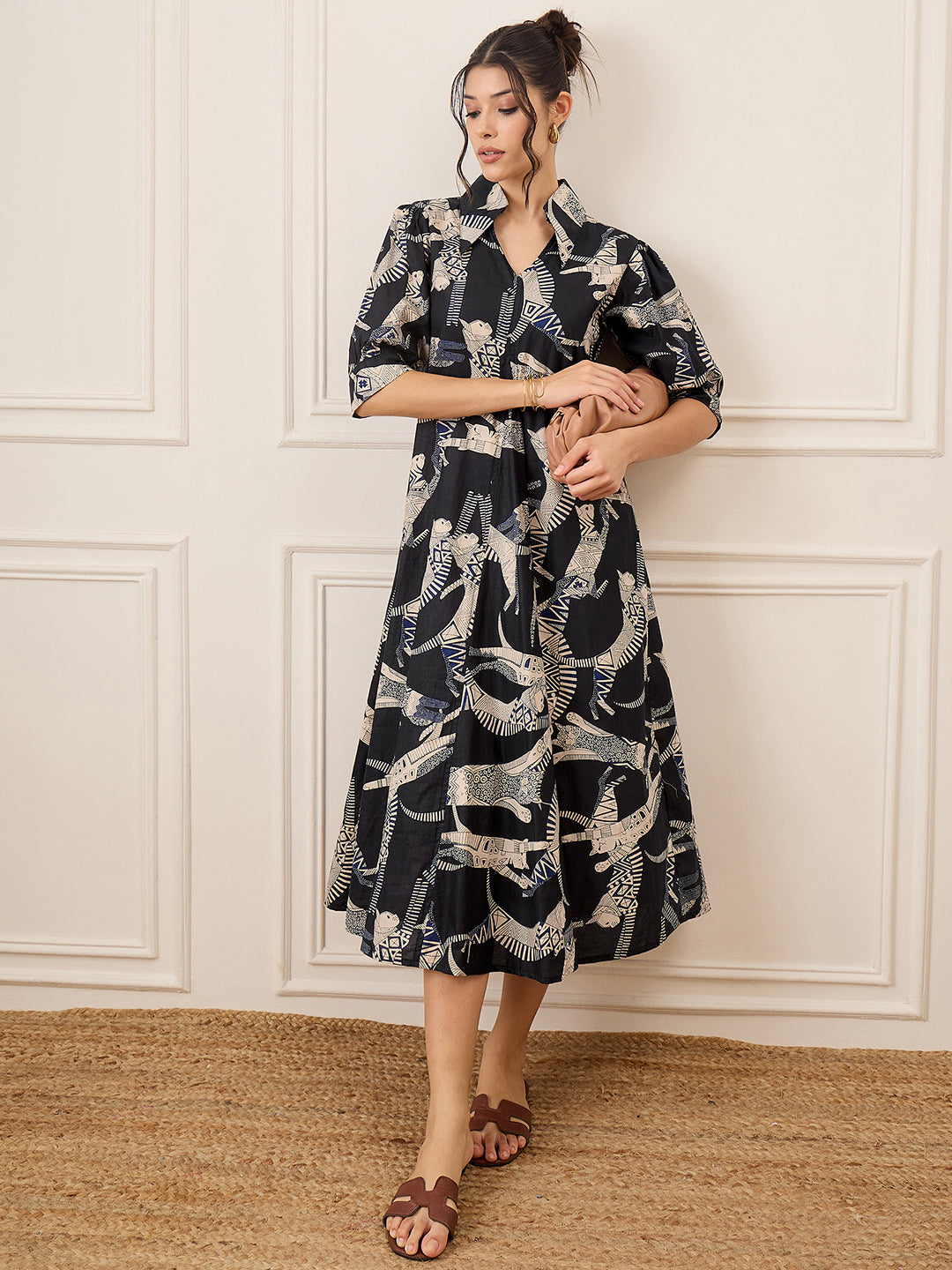 Front Pleated Cotton Midi Dress