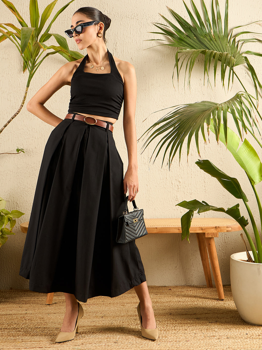 Box Pleated Linen Midi Skirt