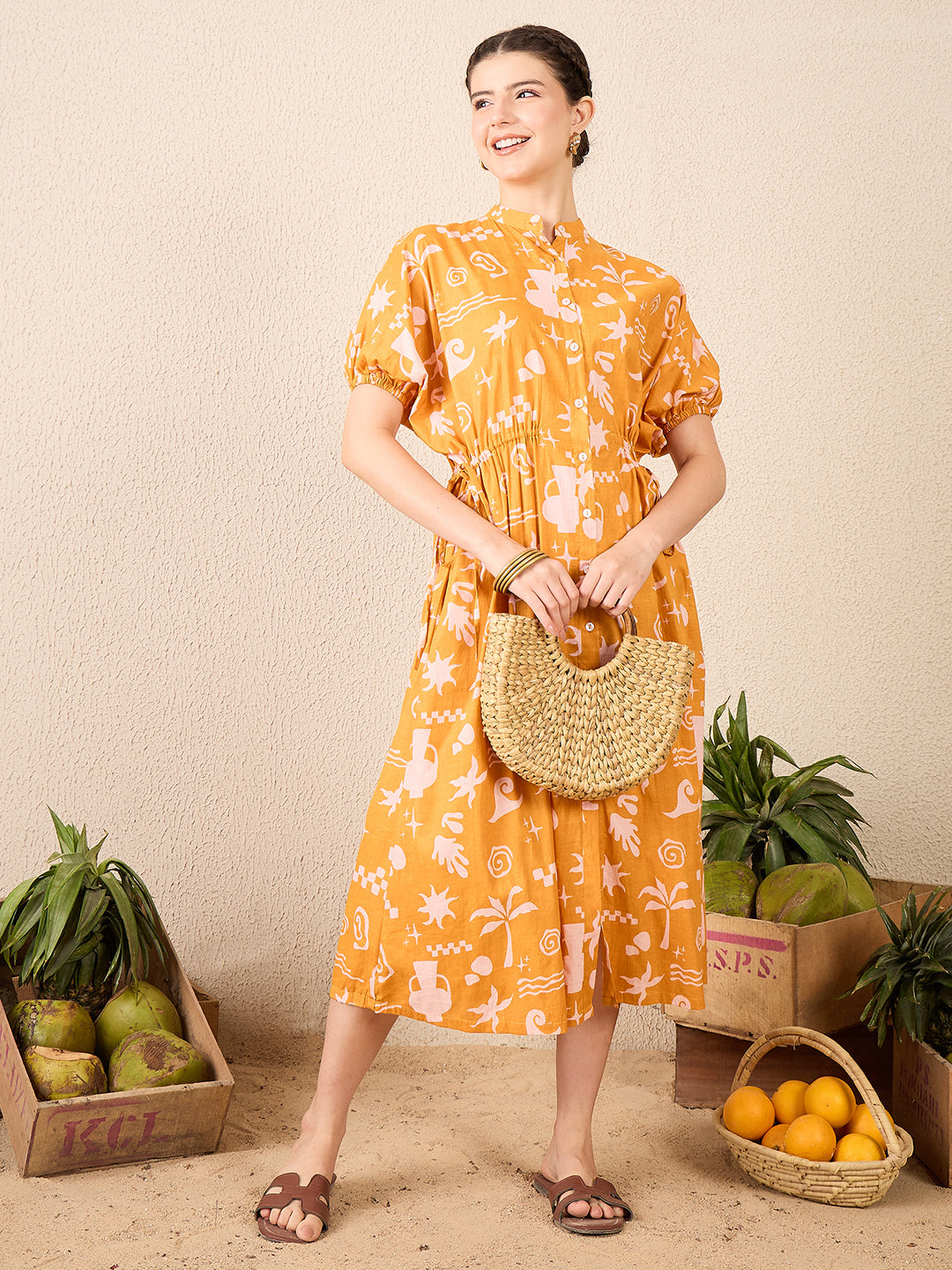 Cotton Side Waist Tie-Up Midi Dress