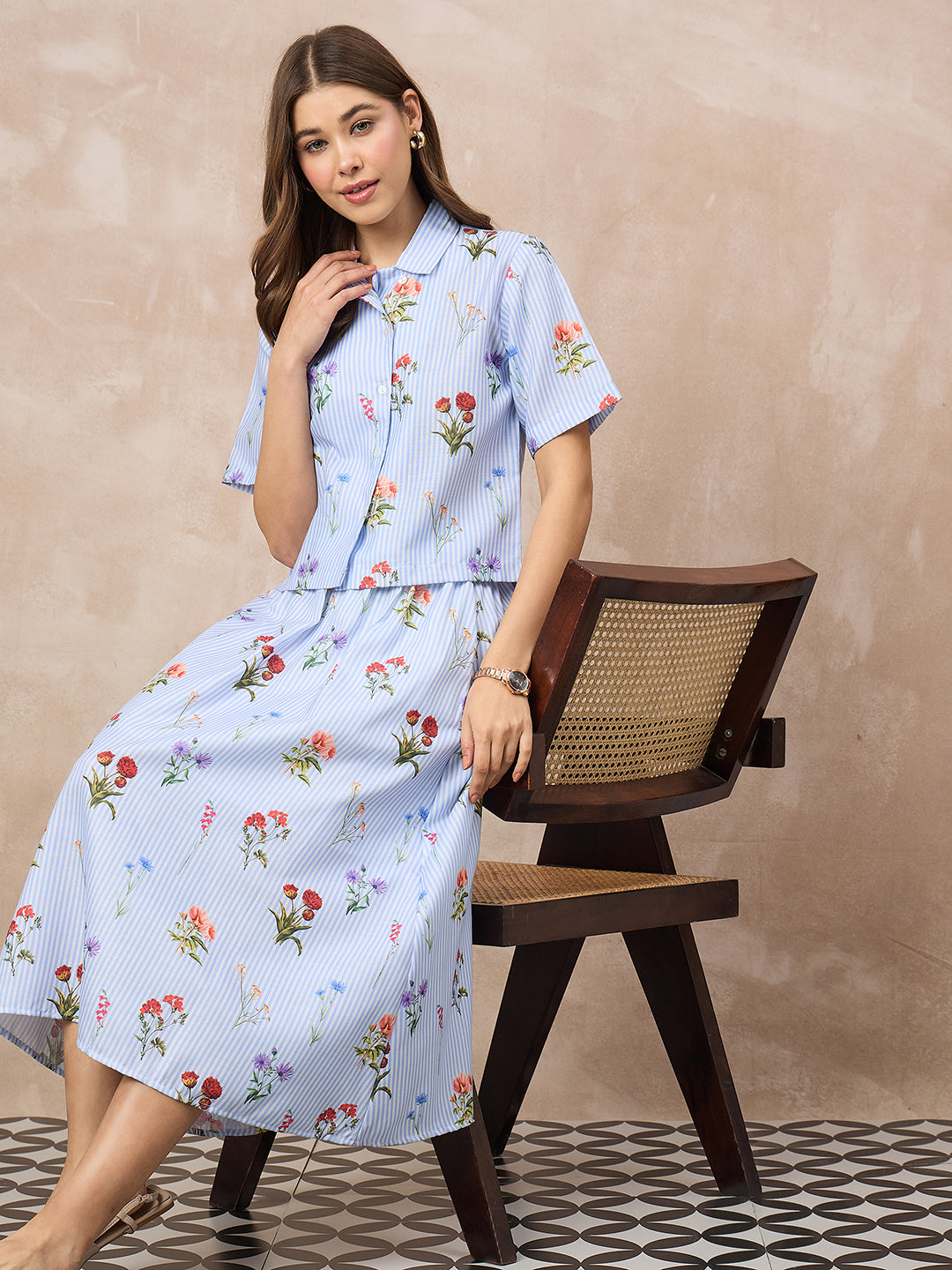 Pure Linen Printed Shirt With Skirt Set (with Lining)