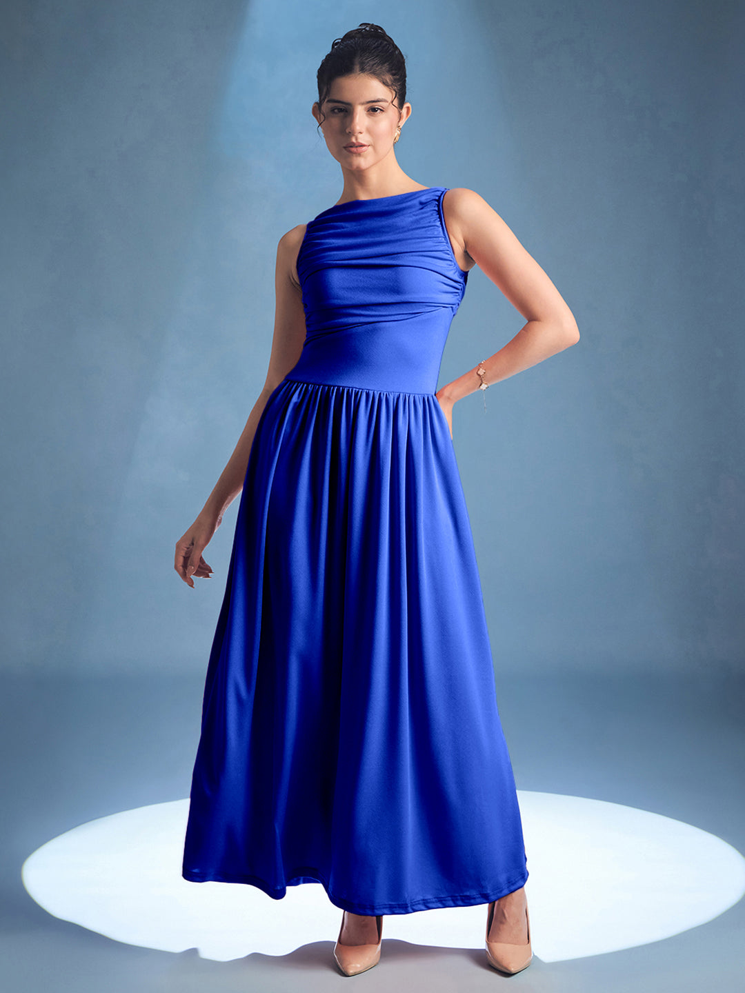 Stretchable Gathered Drop Waist Maxi Dress